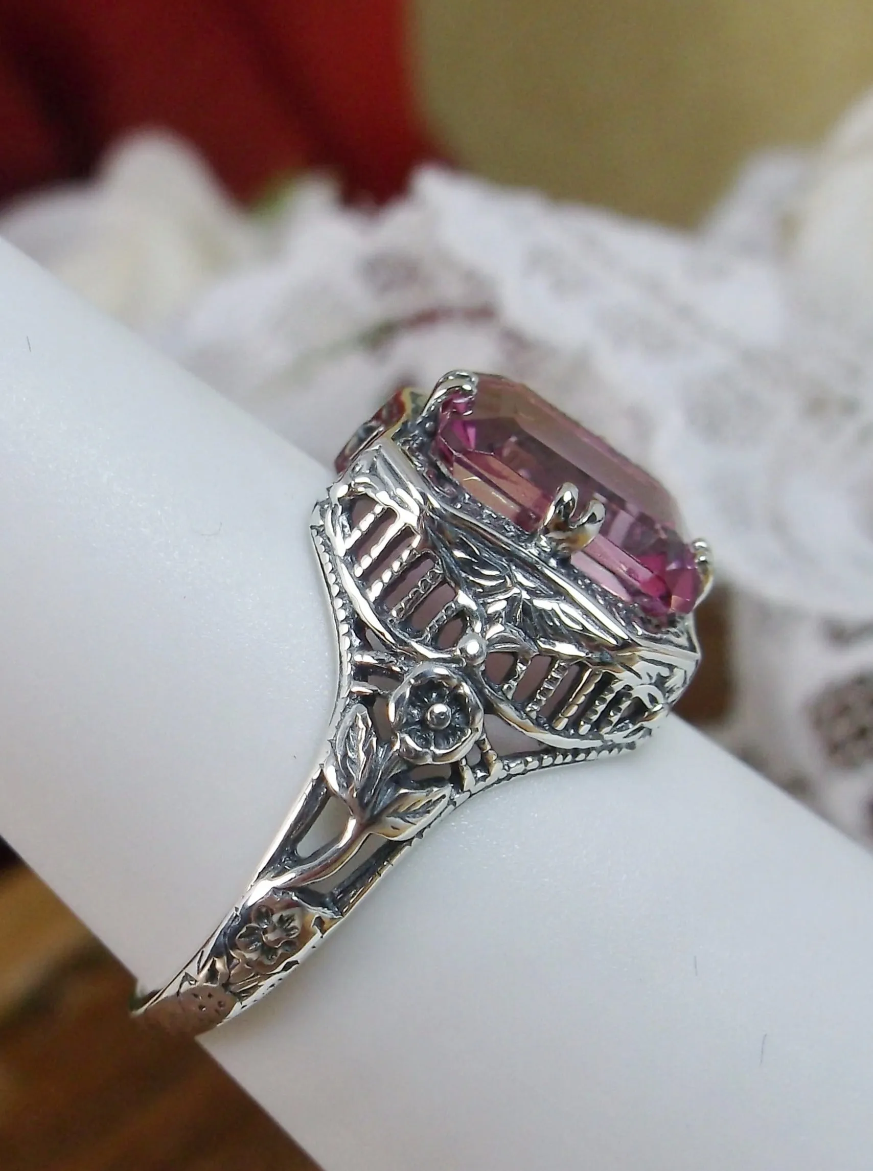 Natural Pink Topaz Ring, Lovely Rectangle Edwardian Jewelry #D148