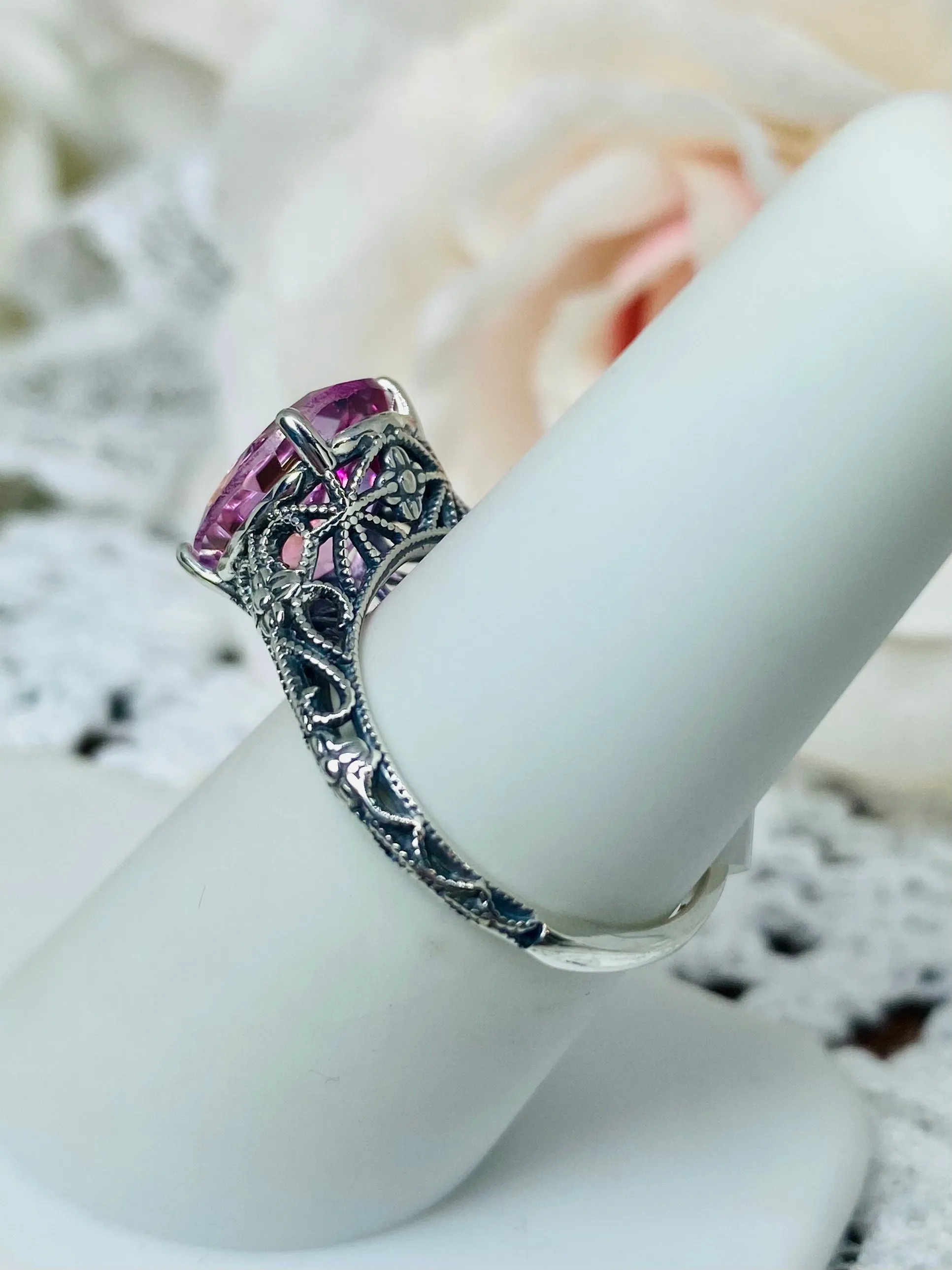 Natural Pink Topaz Ring, Medieval Floral Filigree, Oval Gem, Vintage Jewelry, D173