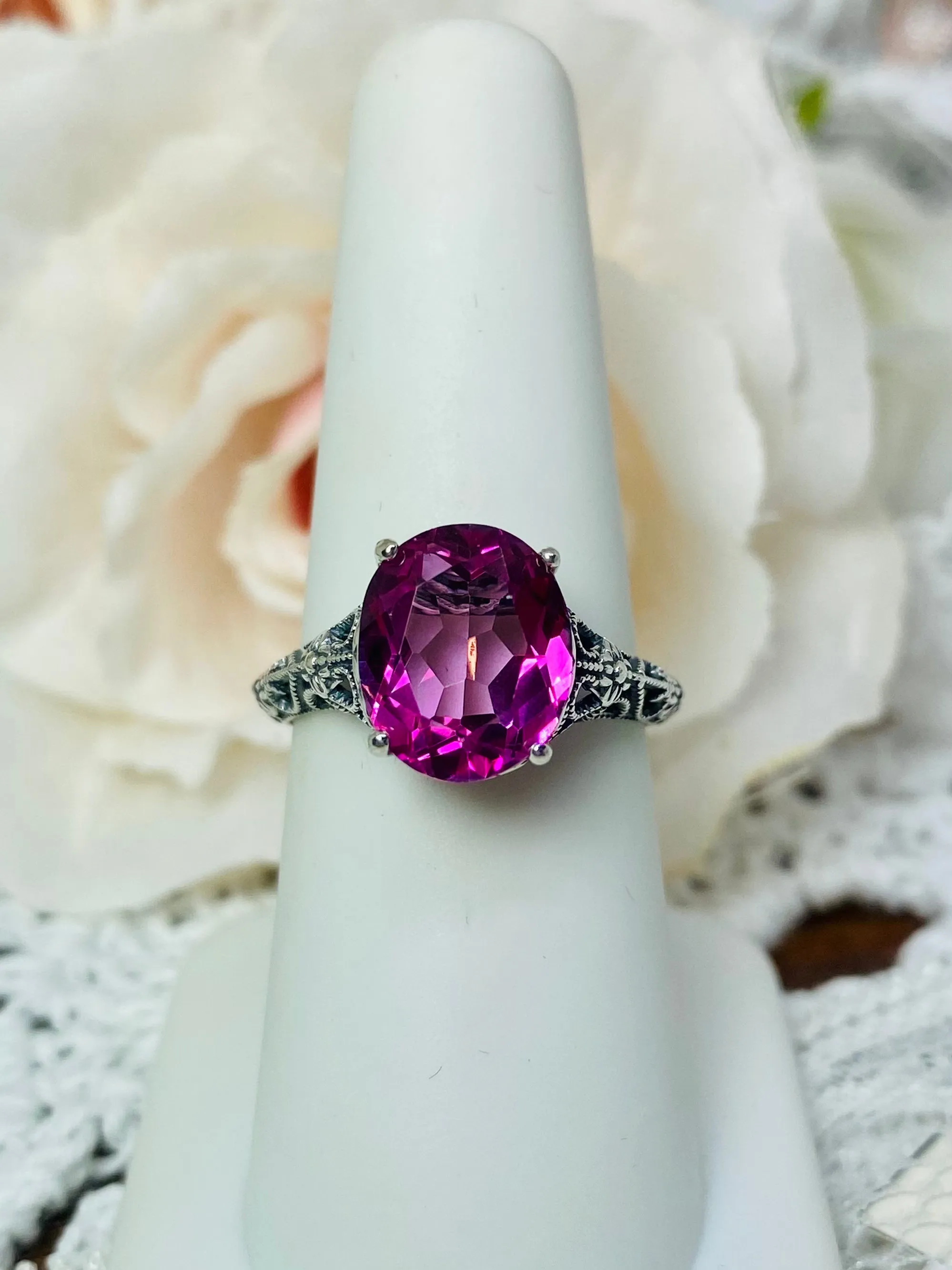 Natural Pink Topaz Ring, Medieval Floral Filigree, Oval Gem, Vintage Jewelry, D173