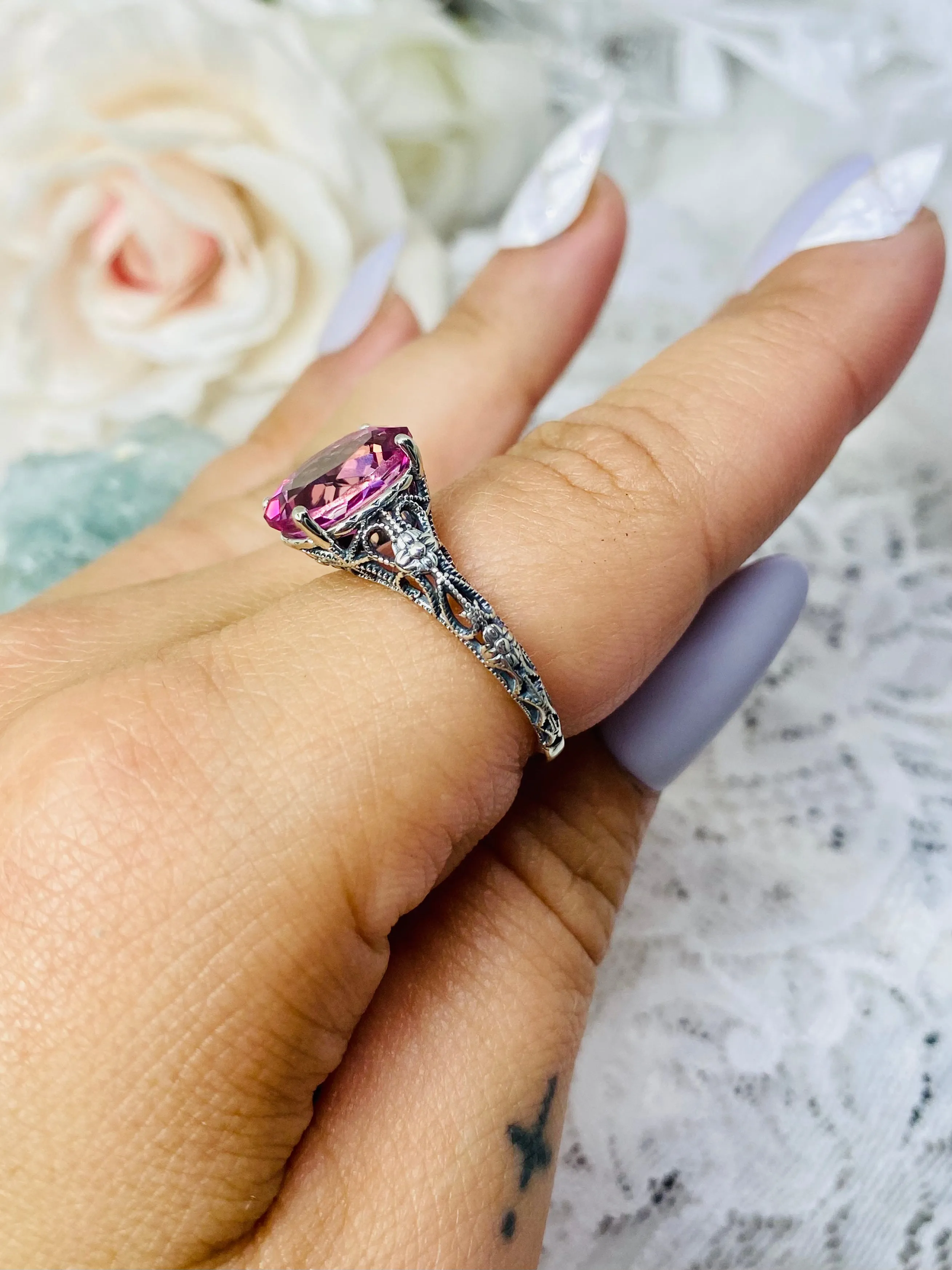 Natural Pink Topaz Ring, Medieval Floral Filigree, Oval Gem, Vintage Jewelry, D173