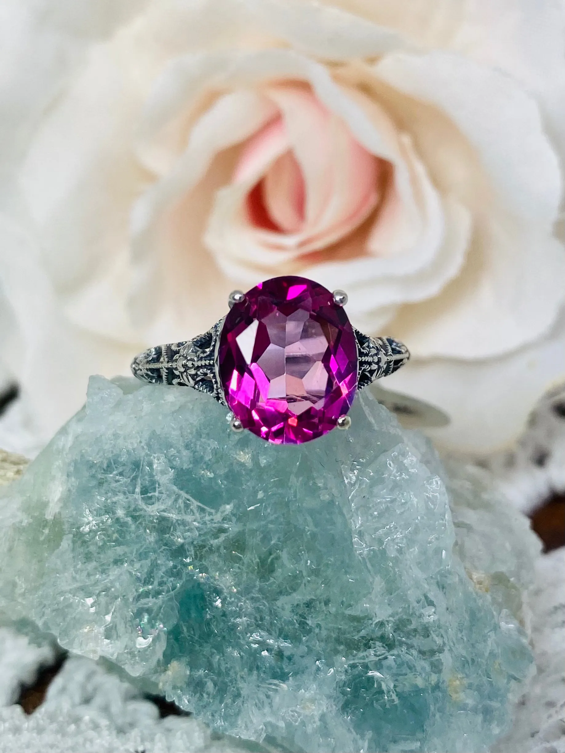 Natural Pink Topaz Ring, Medieval Floral Filigree, Oval Gem, Vintage Jewelry, D173