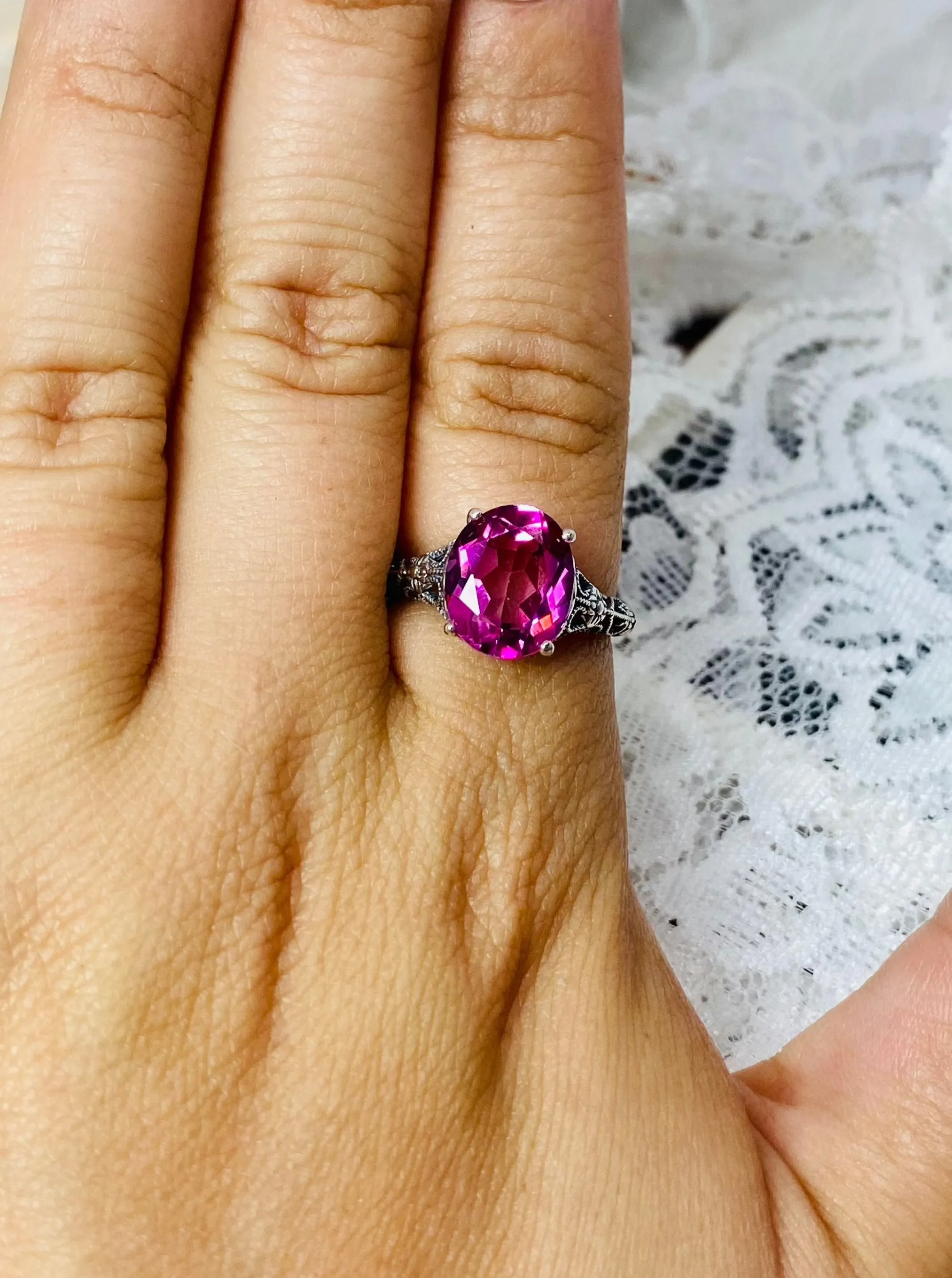 Natural Pink Topaz Ring, Medieval Floral Filigree, Oval Gem, Vintage Jewelry, D173