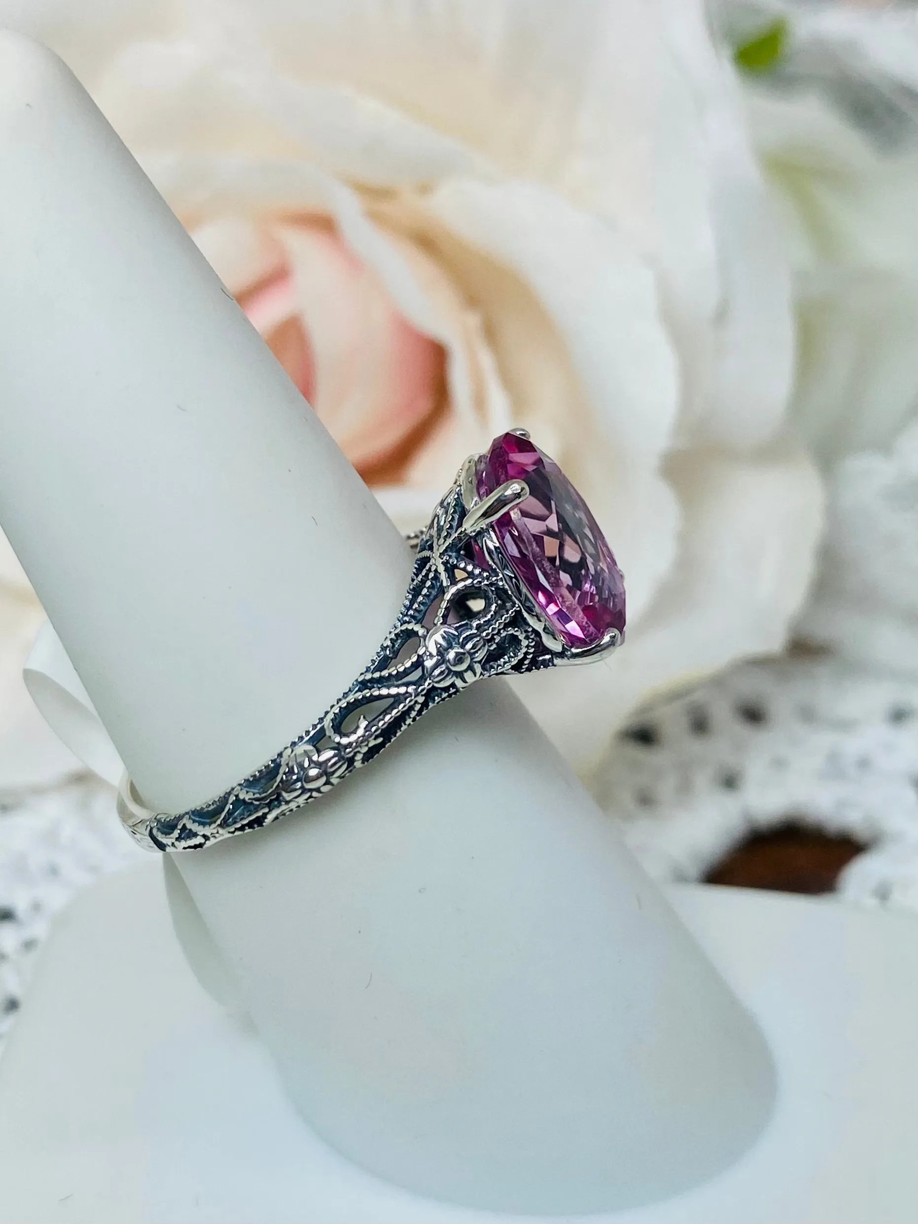 Natural Pink Topaz Ring, Medieval Floral Filigree, Oval Gem, Vintage Jewelry, D173