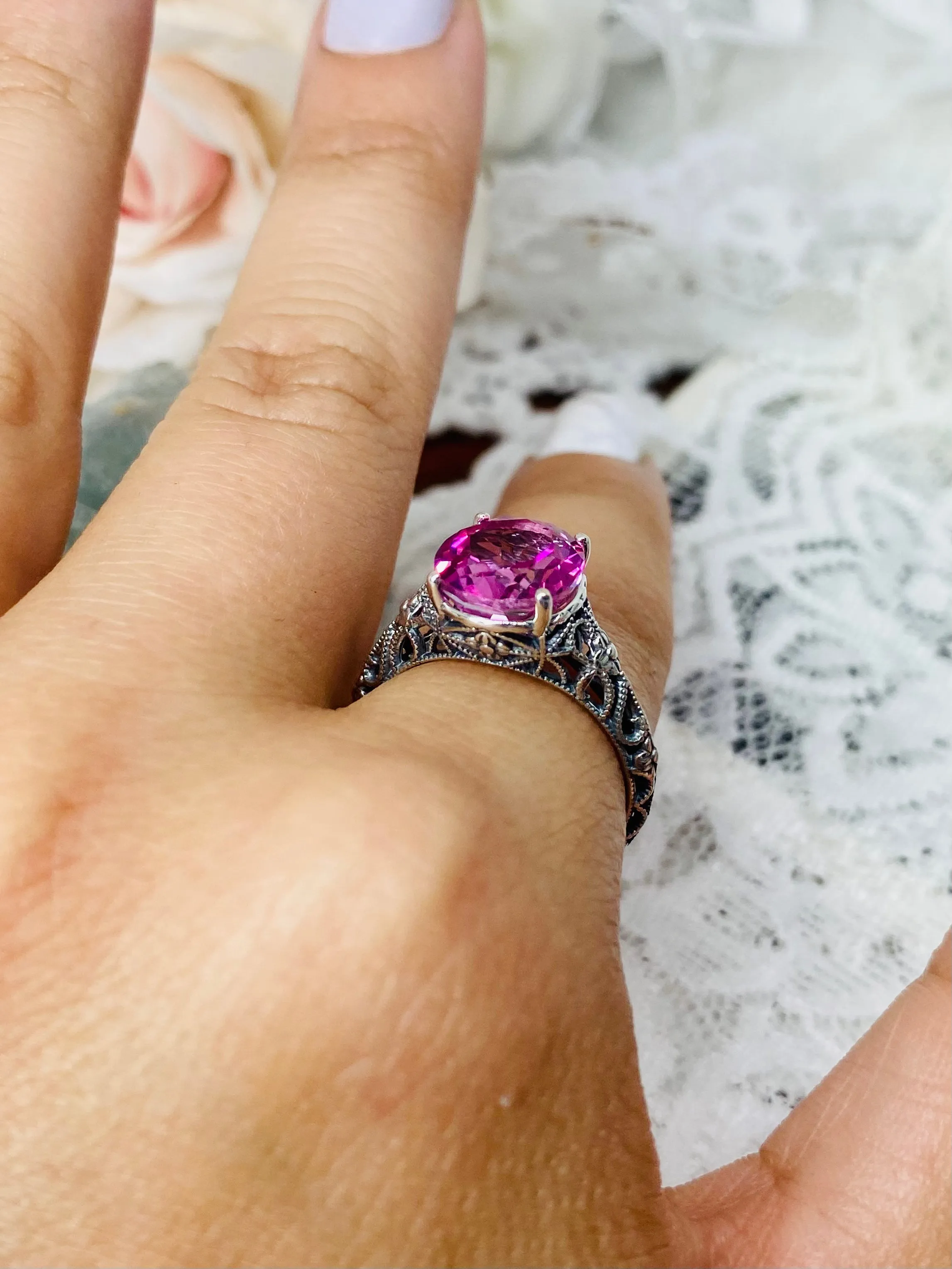 Natural Pink Topaz Ring, Medieval Floral Filigree, Oval Gem, Vintage Jewelry, D173