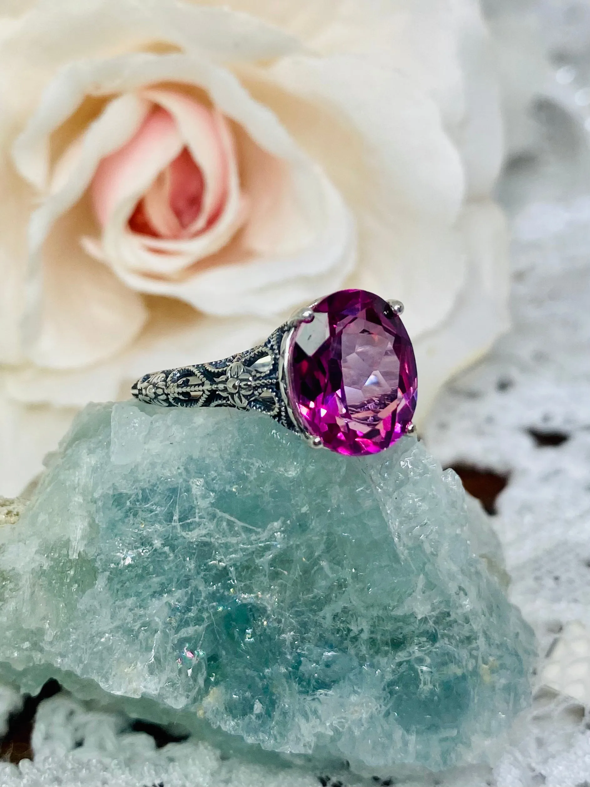 Natural Pink Topaz Ring, Medieval Floral Filigree, Oval Gem, Vintage Jewelry, D173