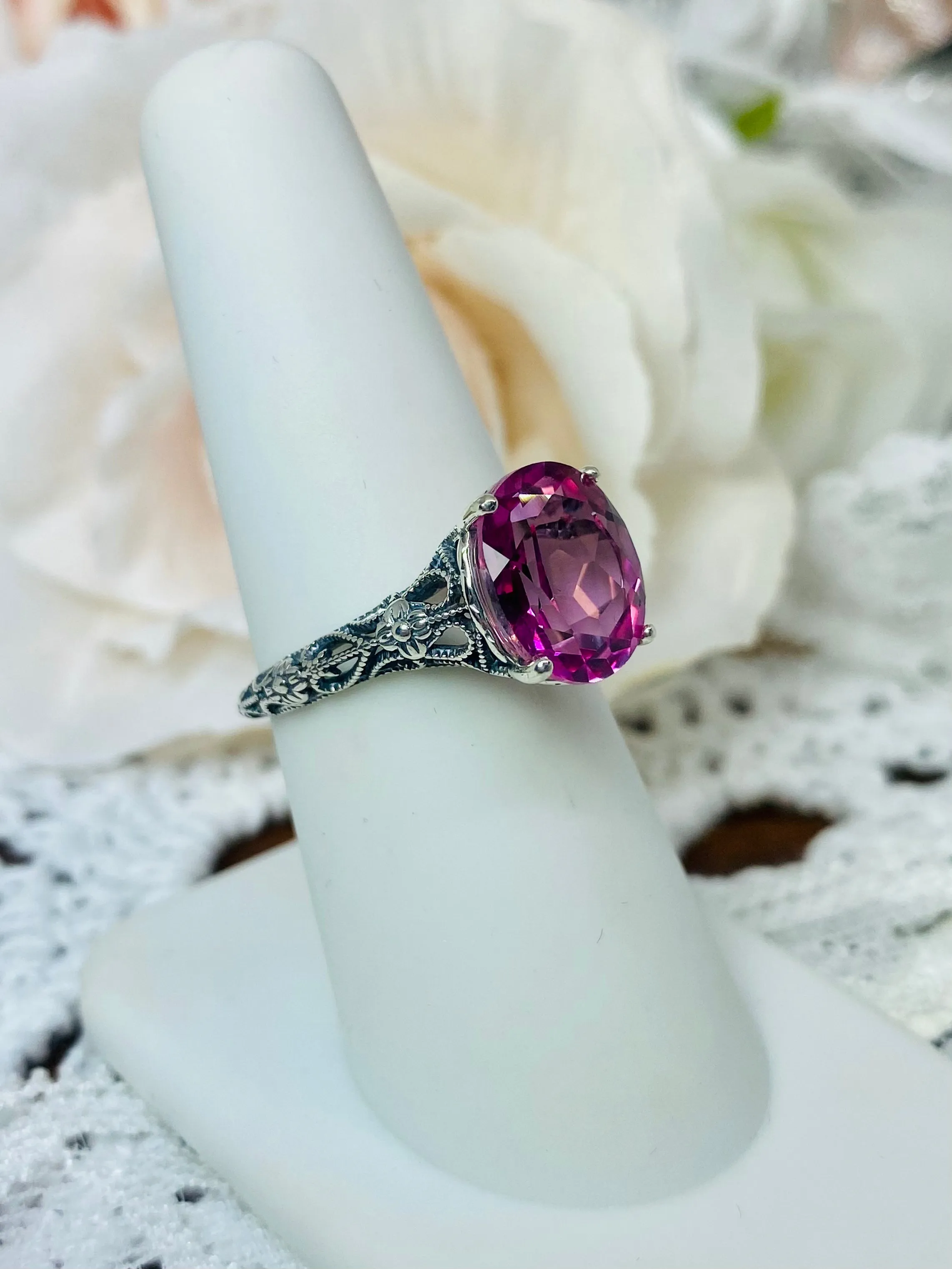 Natural Pink Topaz Ring, Medieval Floral Filigree, Oval Gem, Vintage Jewelry, D173
