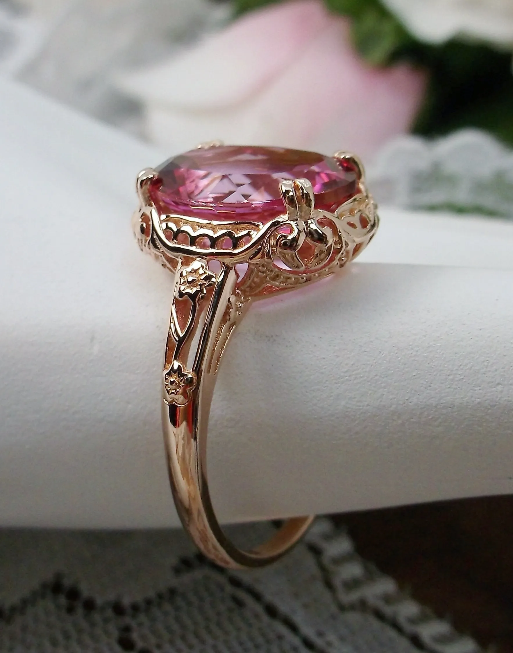 Natural Pink Topaz Ring, Rose Gold plated, Edwardian Jewelry #D70z