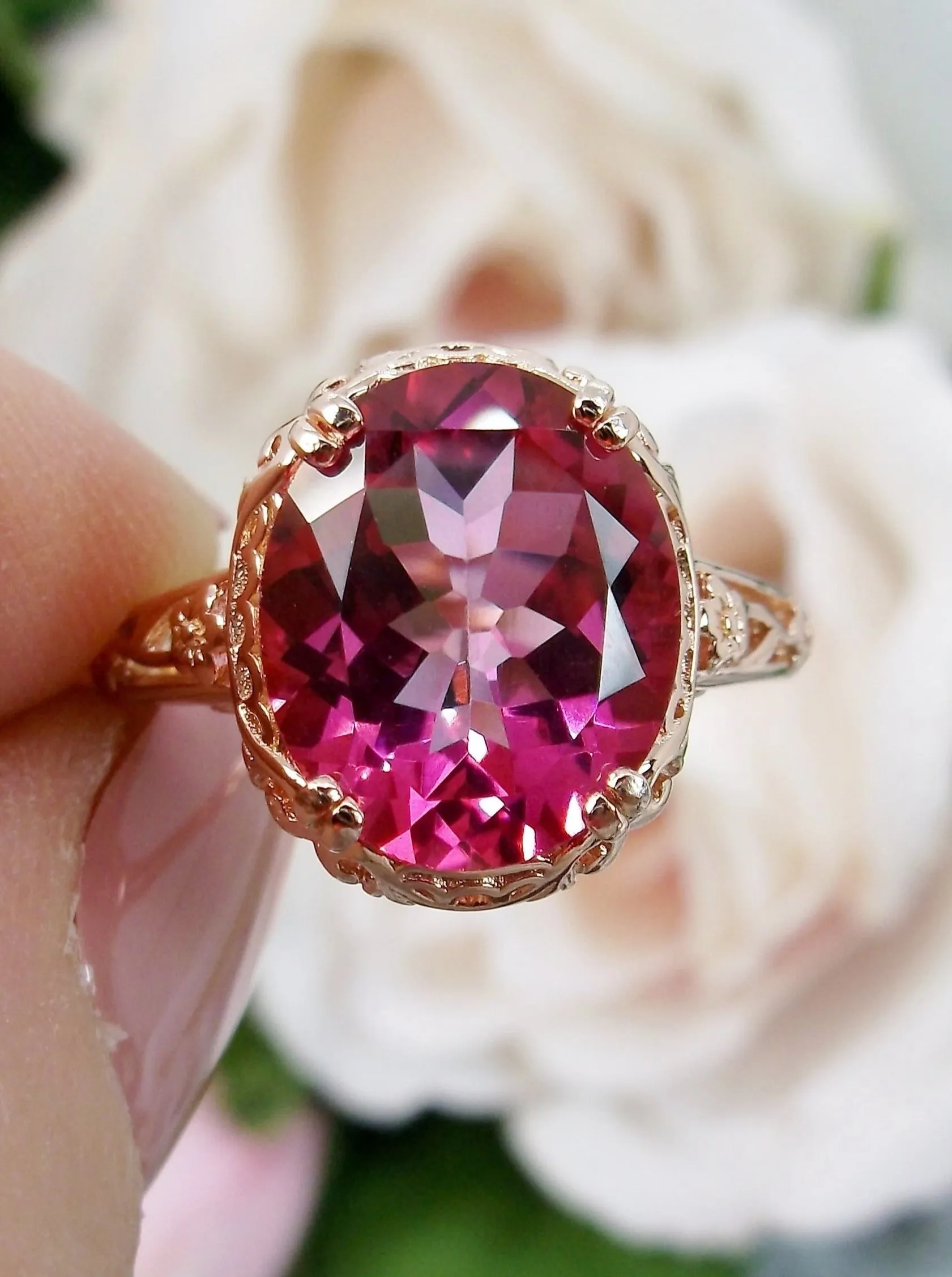 Natural Pink Topaz Ring, Rose Gold plated, Edwardian Jewelry #D70z