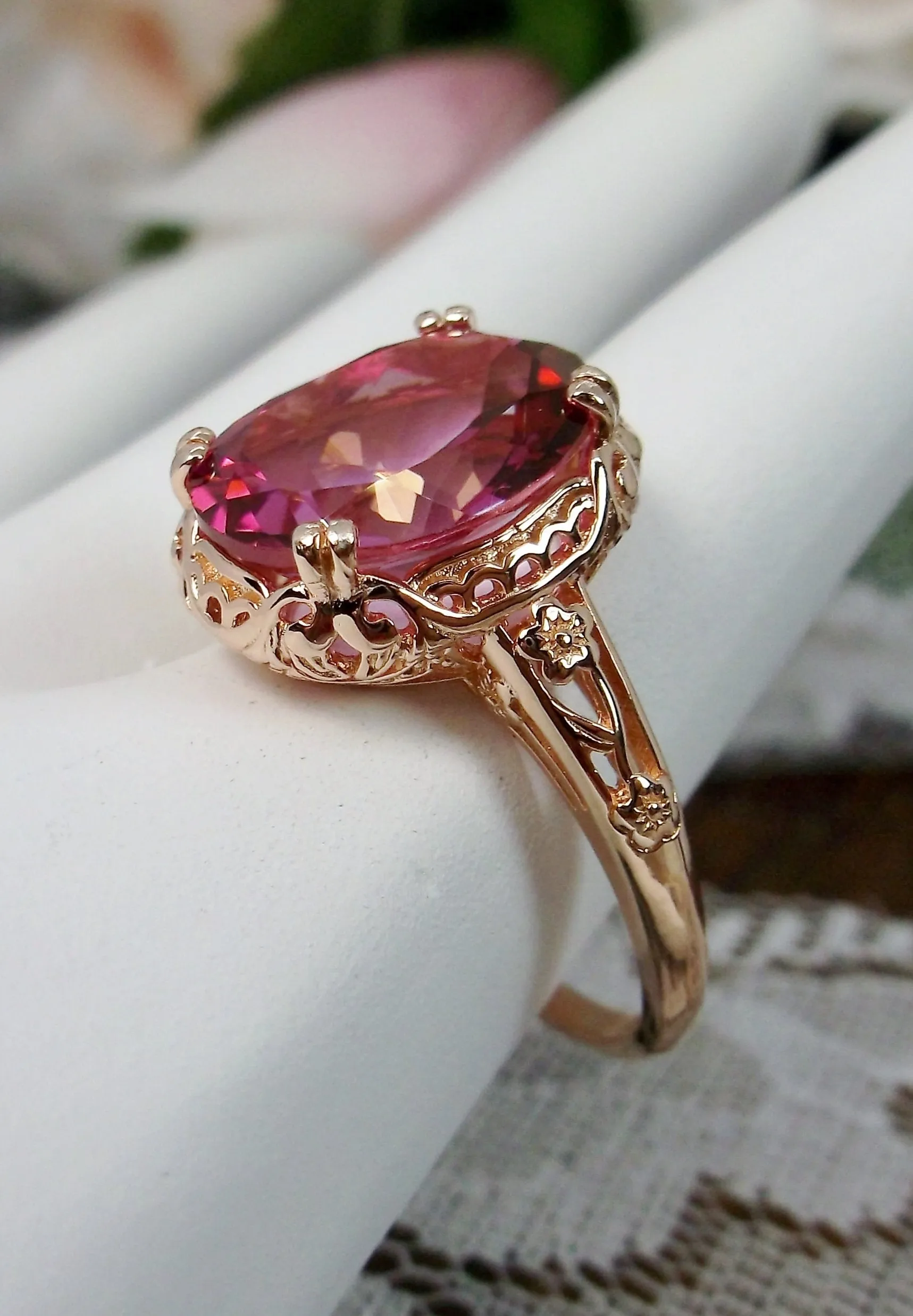 Natural Pink Topaz Ring, Rose Gold plated, Edwardian Jewelry #D70z