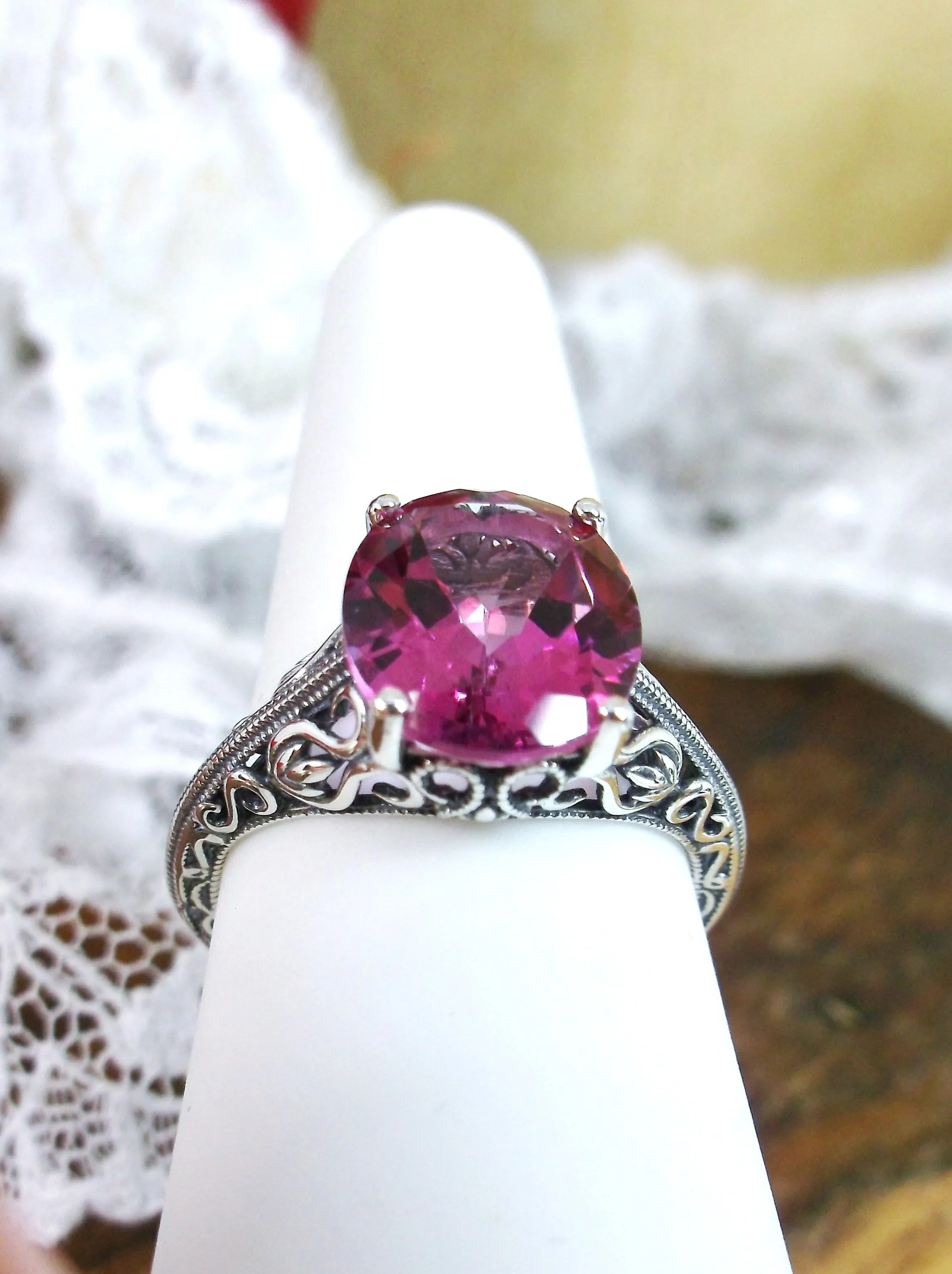Natural Pink Topaz Ring, Swan Filigree, Art Deco Jewelry #D190
