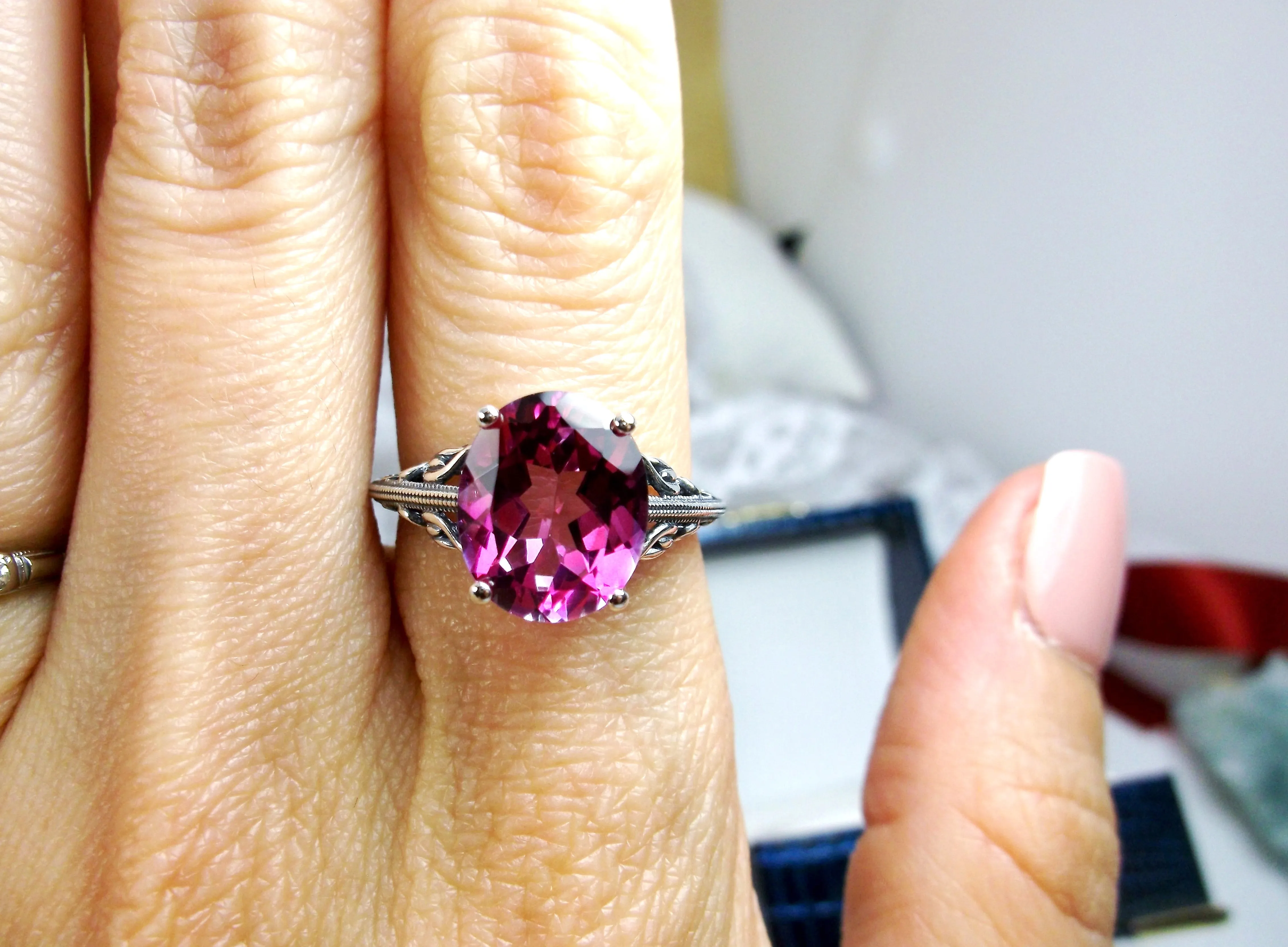 Natural Pink Topaz Ring, Swan Filigree, Art Deco Jewelry #D190