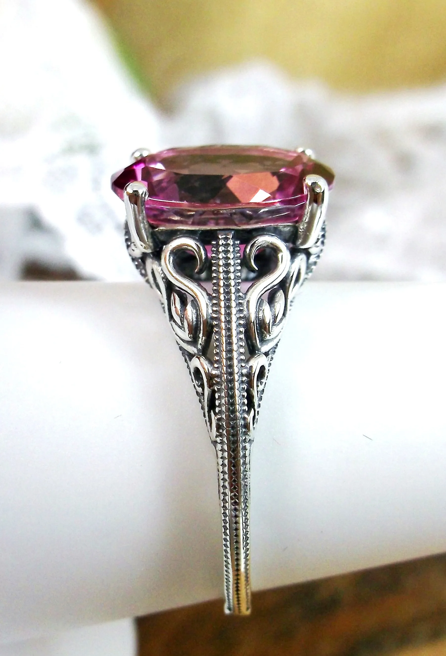Natural Pink Topaz Ring, Swan Filigree, Art Deco Jewelry #D190