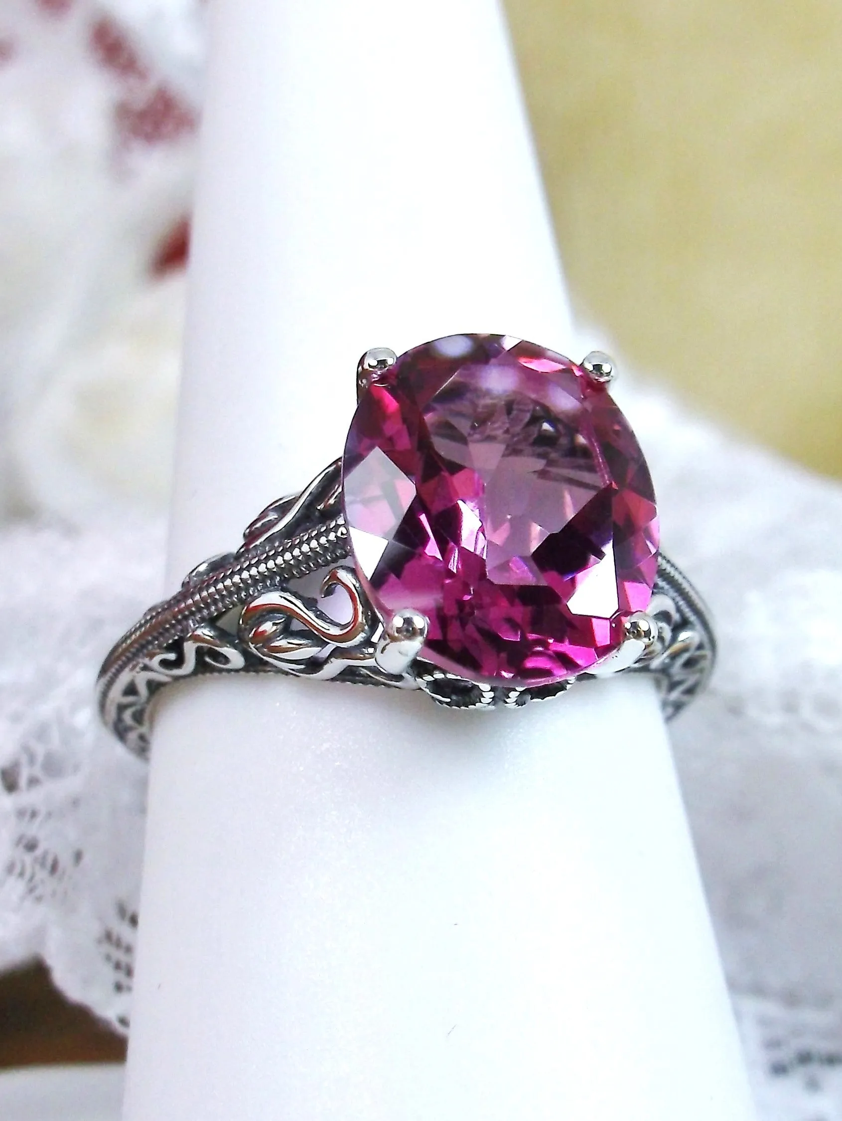 Natural Pink Topaz Ring, Swan Filigree, Art Deco Jewelry #D190