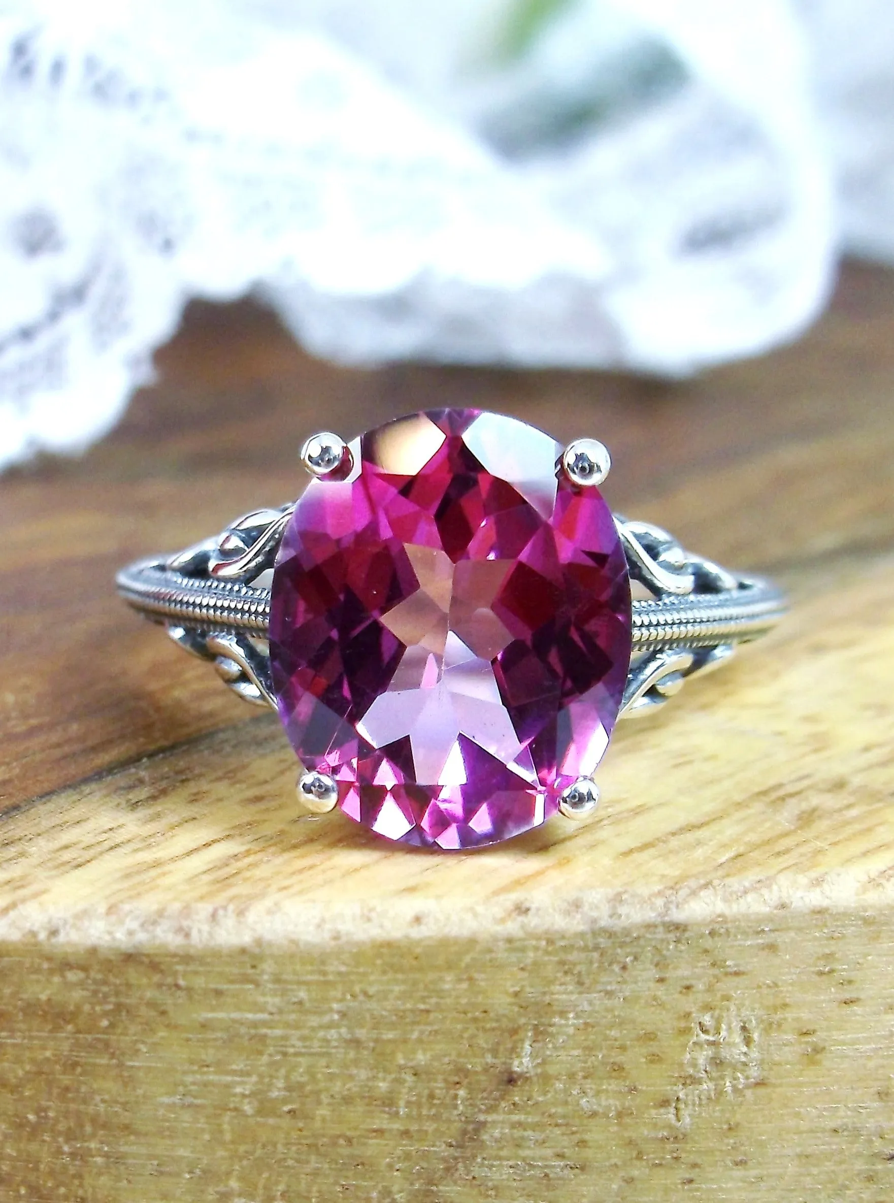 Natural Pink Topaz Ring, Swan Filigree, Art Deco Jewelry #D190