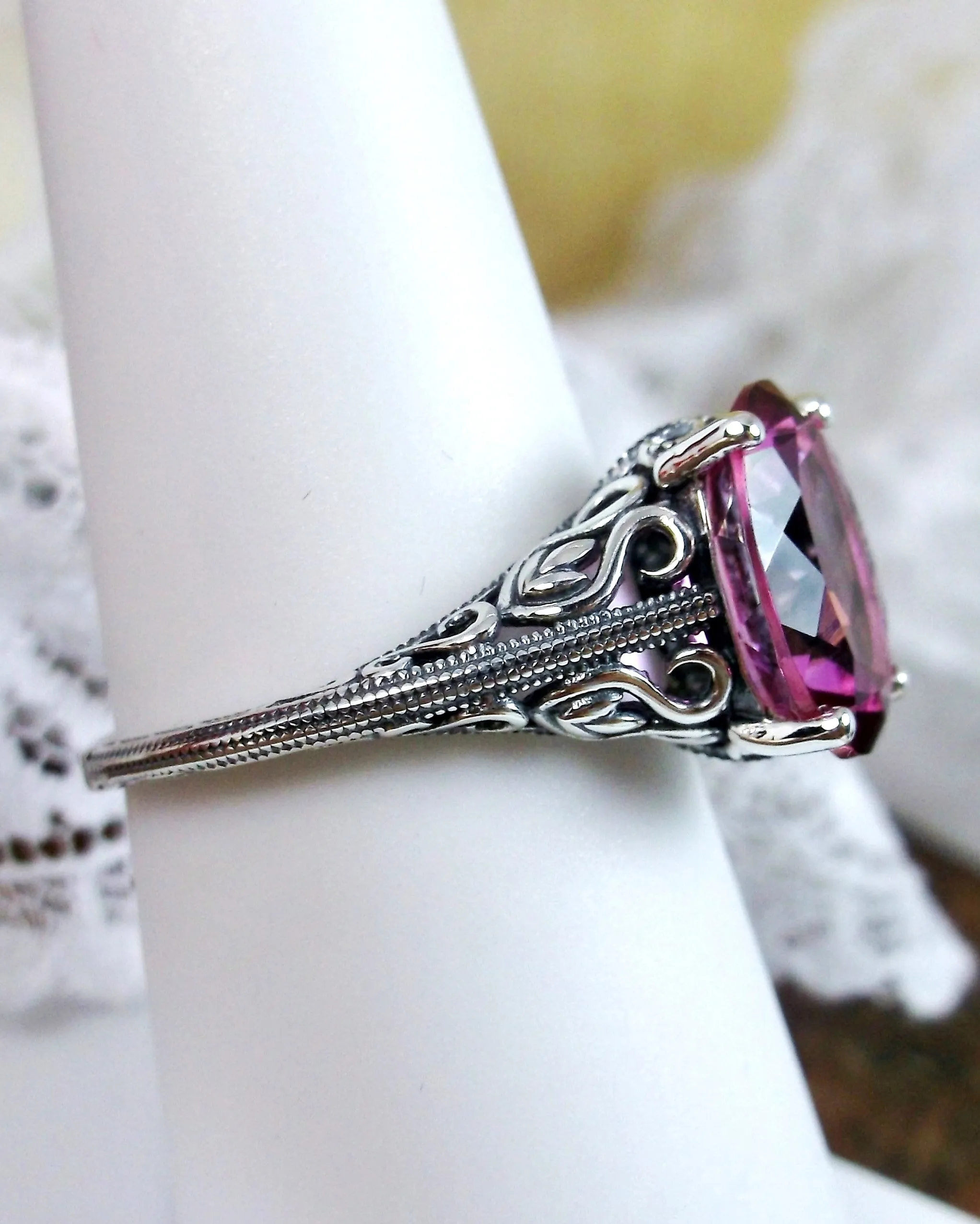 Natural Pink Topaz Ring, Swan Filigree, Art Deco Jewelry #D190