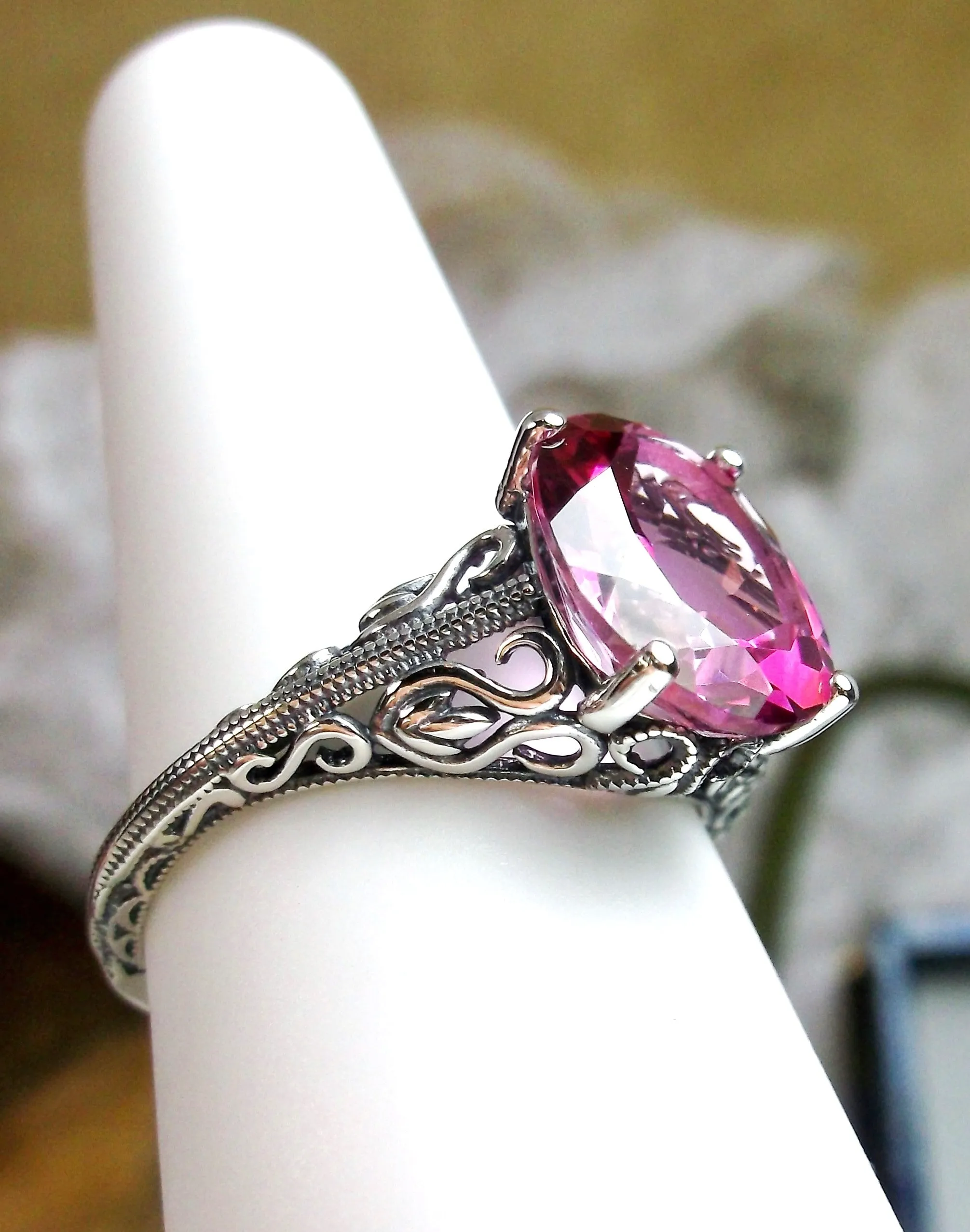 Natural Pink Topaz Ring, Swan Filigree, Art Deco Jewelry #D190