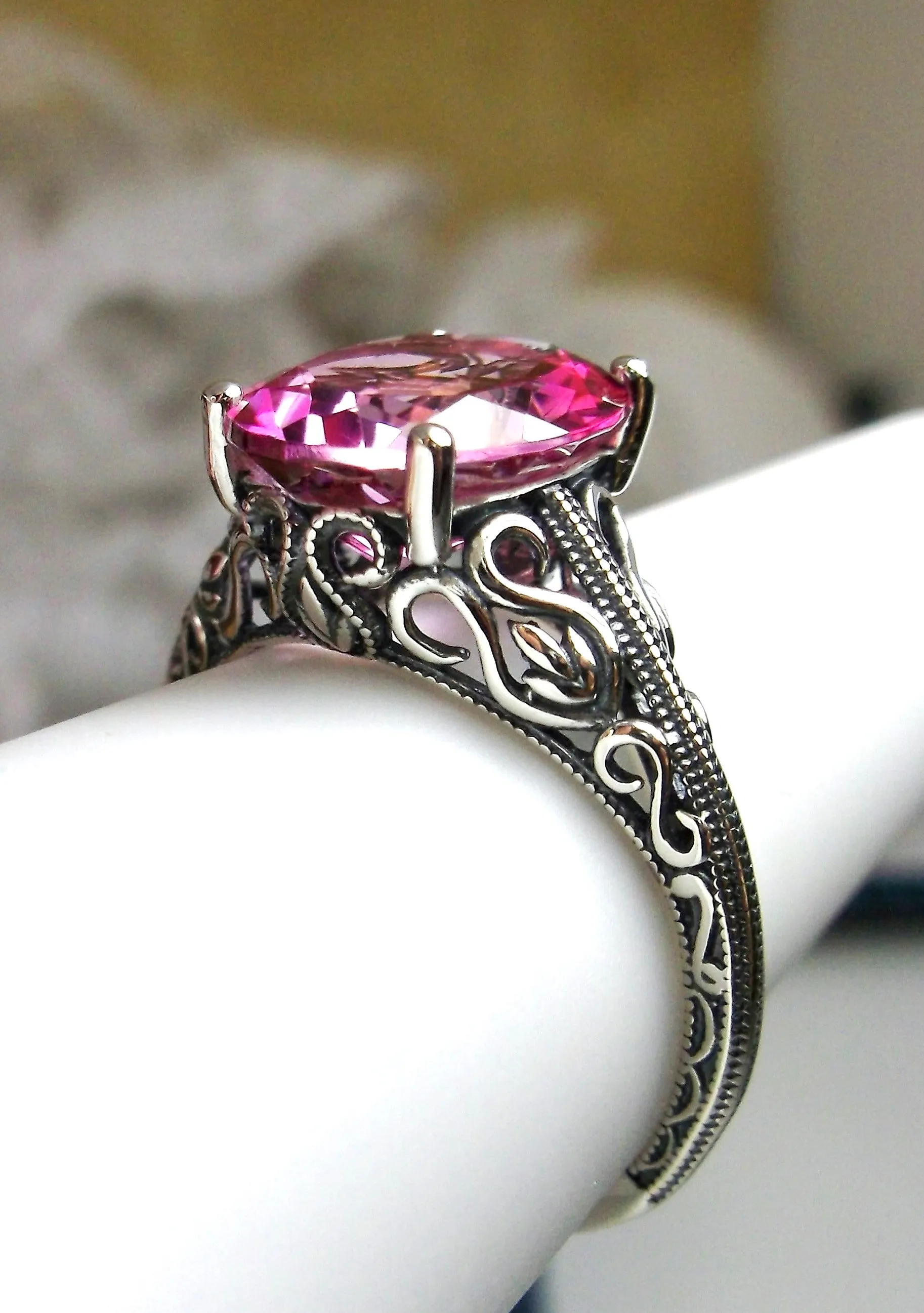 Natural Pink Topaz Ring, Swan Filigree, Art Deco Jewelry #D190