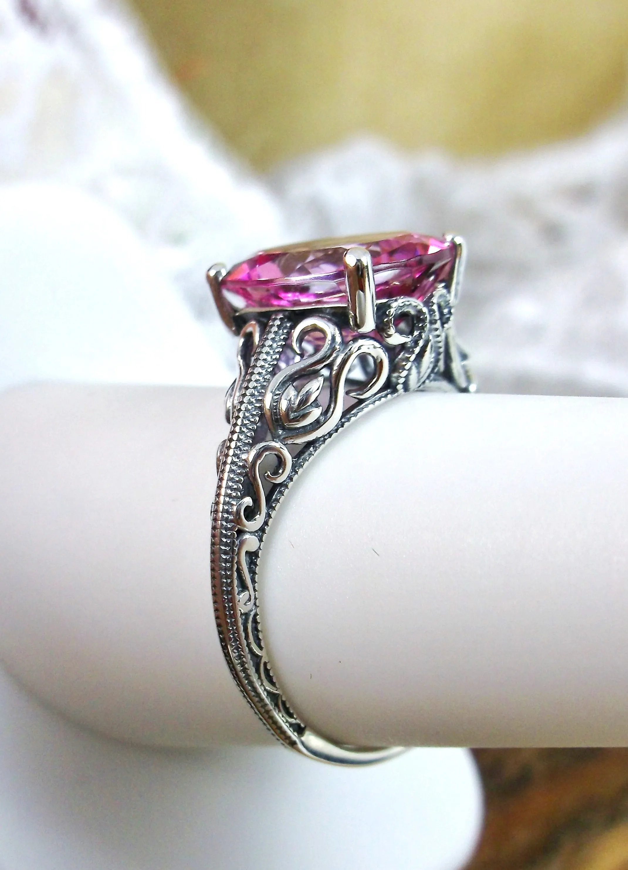 Natural Pink Topaz Ring, Swan Filigree, Art Deco Jewelry #D190