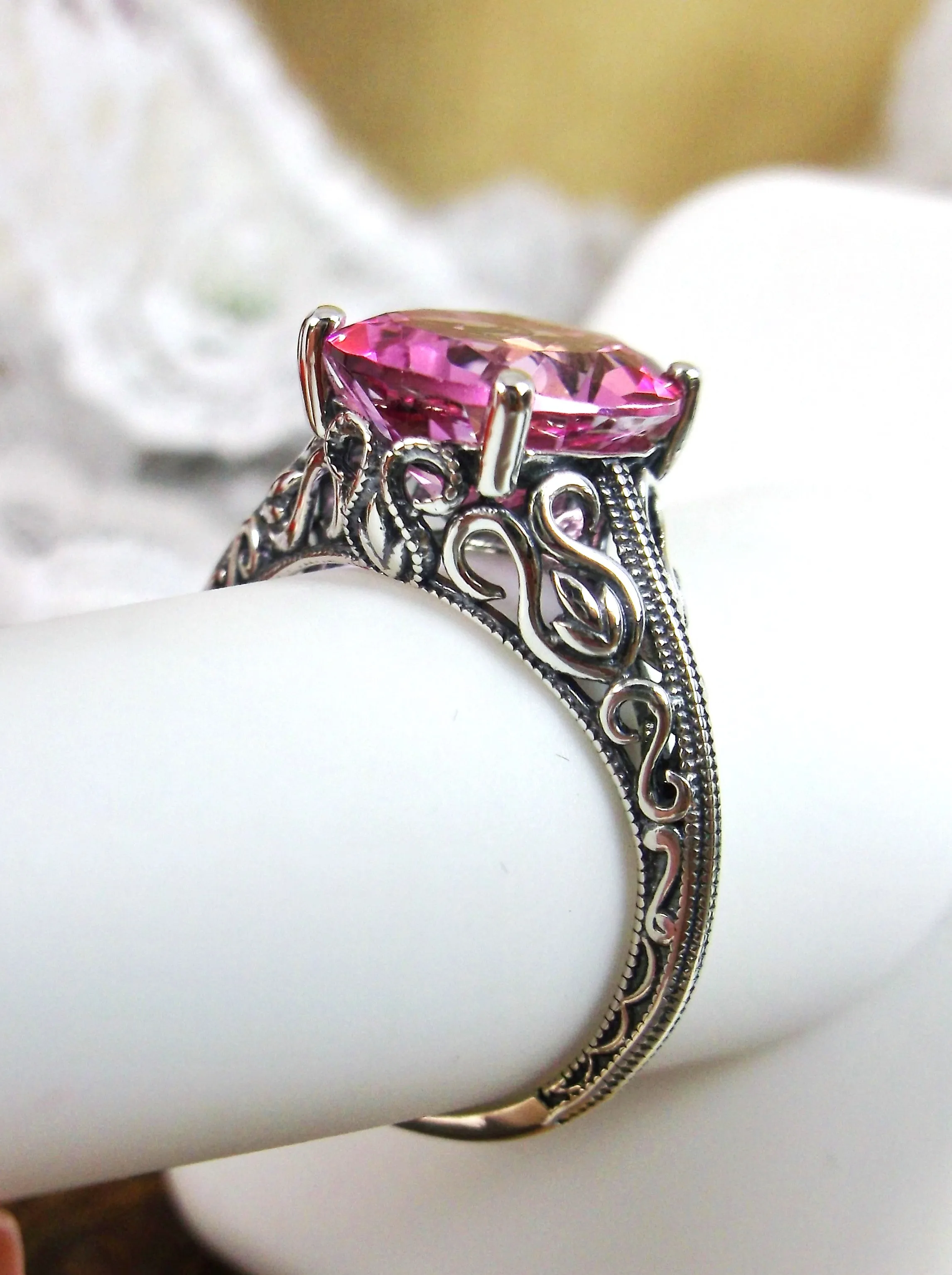 Natural Pink Topaz Ring, Swan Filigree, Art Deco Jewelry #D190