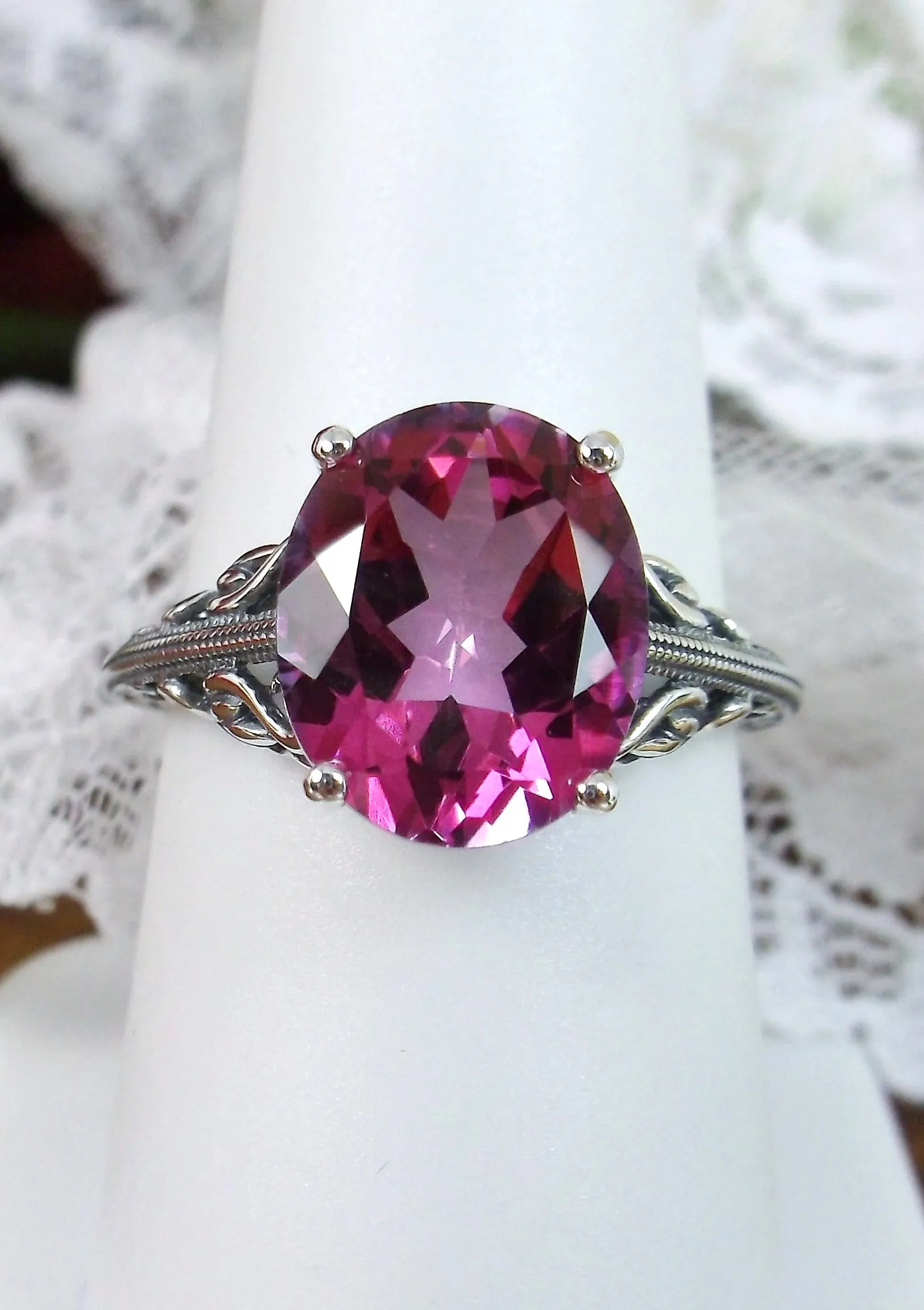 Natural Pink Topaz Ring, Swan Filigree, Art Deco Jewelry #D190