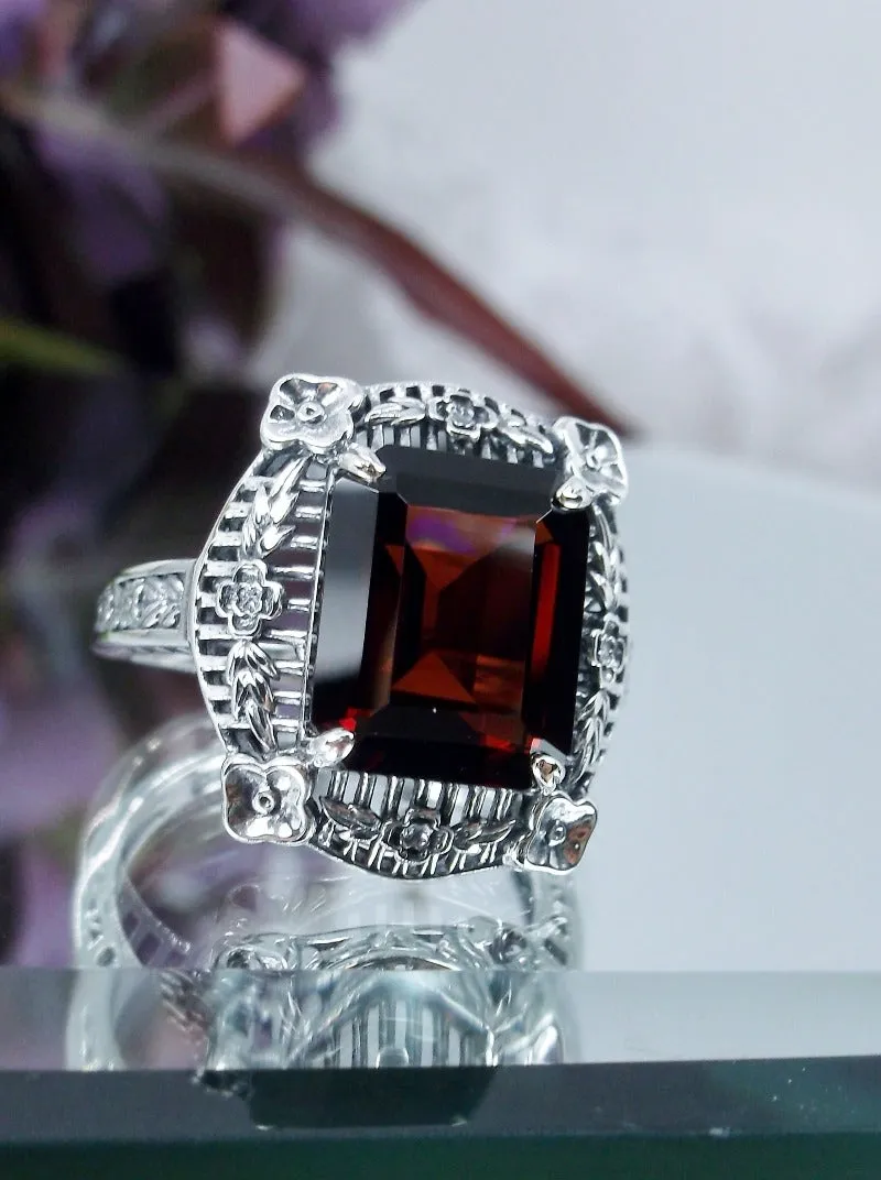 Natural Red Garnet Picture Frame Ring, Natural Gemstone, Victorian Floral Filigree Jewelry #D227