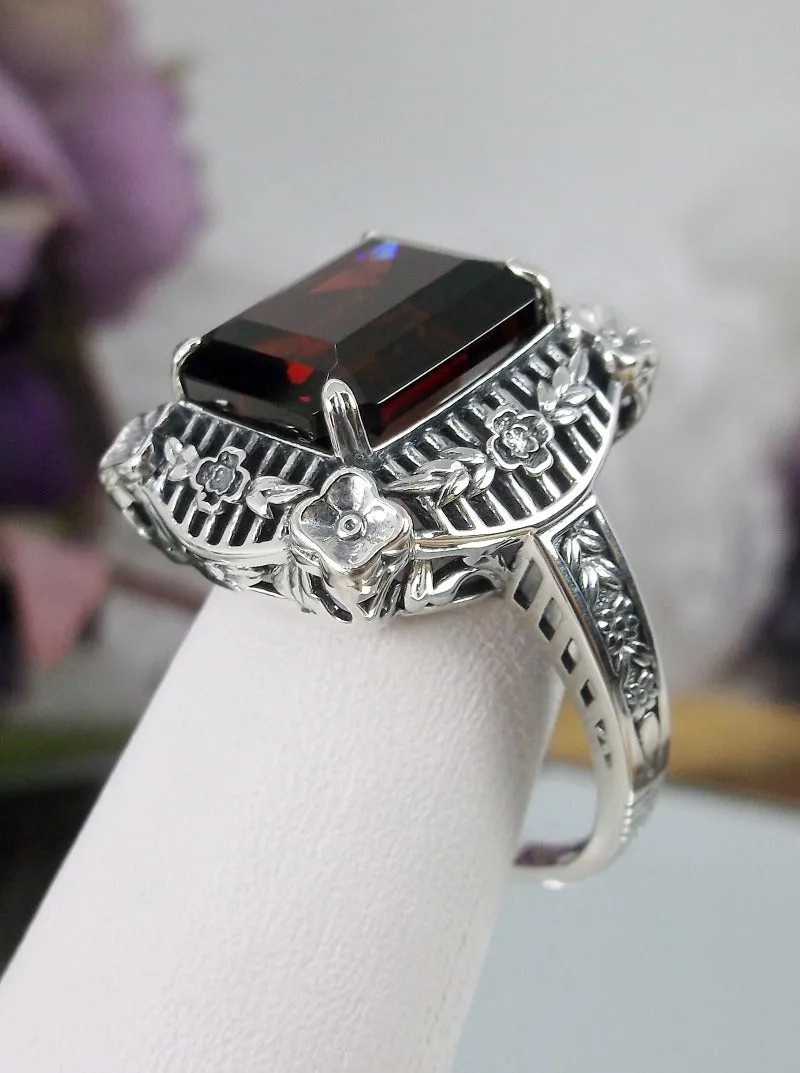 Natural Red Garnet Picture Frame Ring, Natural Gemstone, Victorian Floral Filigree Jewelry #D227