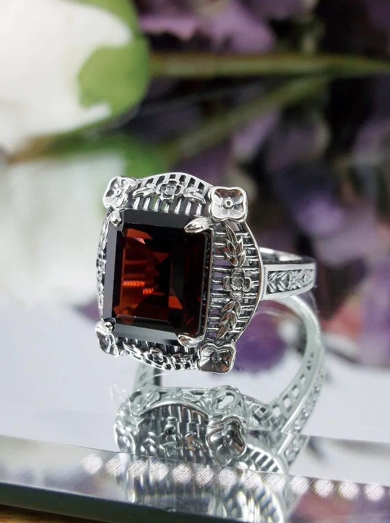 Natural Red Garnet Picture Frame Ring, Natural Gemstone, Victorian Floral Filigree Jewelry #D227