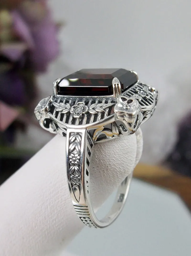 Natural Red Garnet Picture Frame Ring, Natural Gemstone, Victorian Floral Filigree Jewelry #D227
