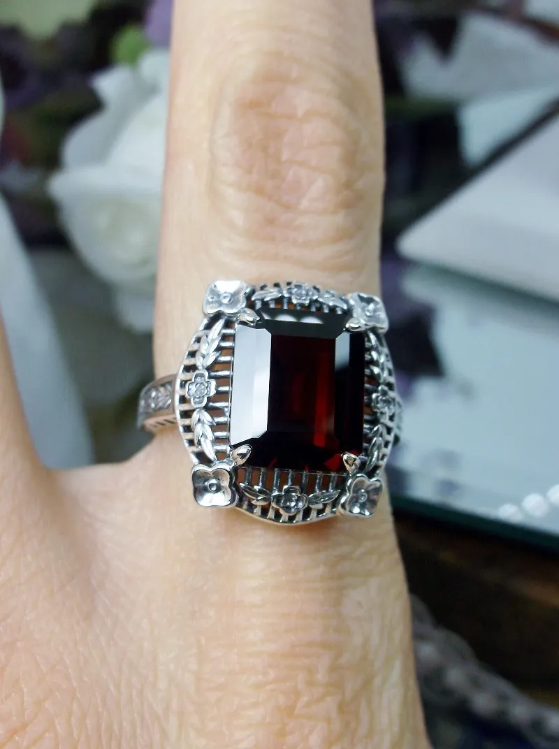 Natural Red Garnet Picture Frame Ring, Natural Gemstone, Victorian Floral Filigree Jewelry #D227