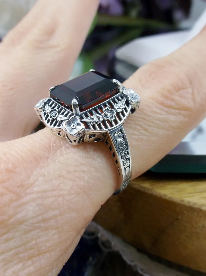 Natural Red Garnet Picture Frame Ring, Natural Gemstone, Victorian Floral Filigree Jewelry #D227