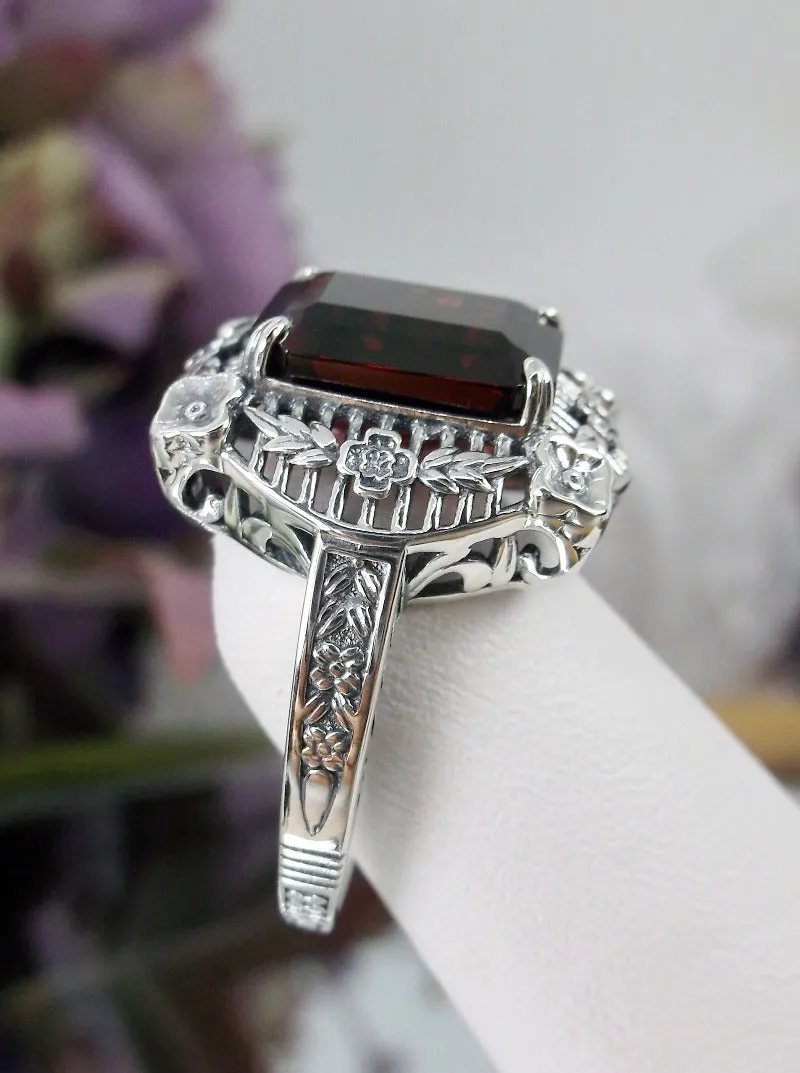Natural Red Garnet Picture Frame Ring, Natural Gemstone, Victorian Floral Filigree Jewelry #D227