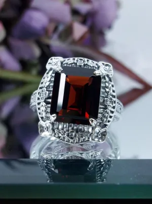 Natural Red Garnet Picture Frame Ring, Natural Gemstone, Victorian Floral Filigree Jewelry #D227