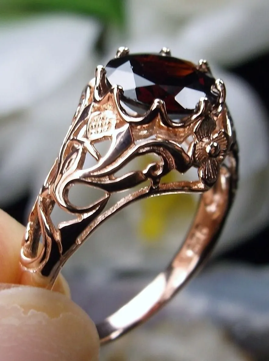 Natural Red Garnet Ring, Rose Gold Daisy Victorian Jewelry #D66