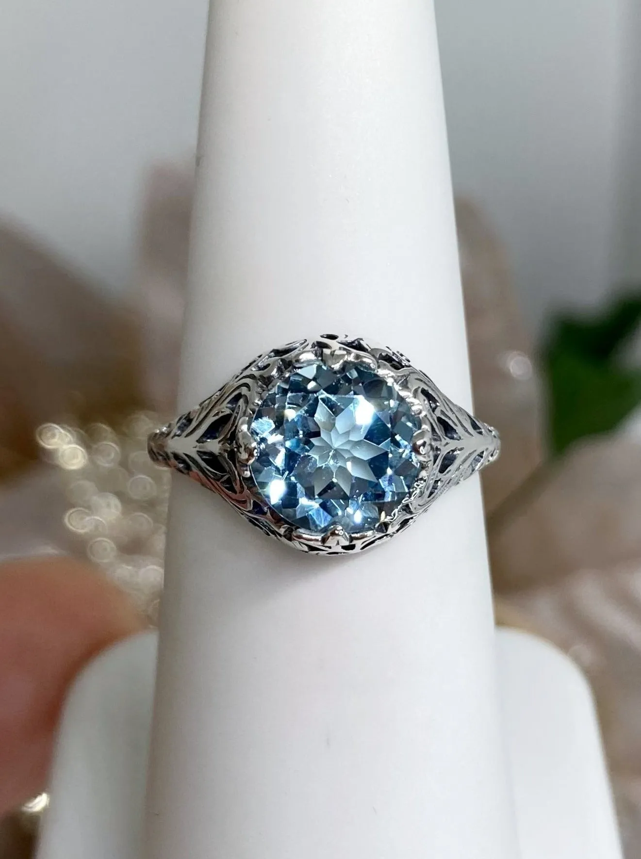 Natural Sky Blue Topaz Ring, Victorian Jewelry #D198