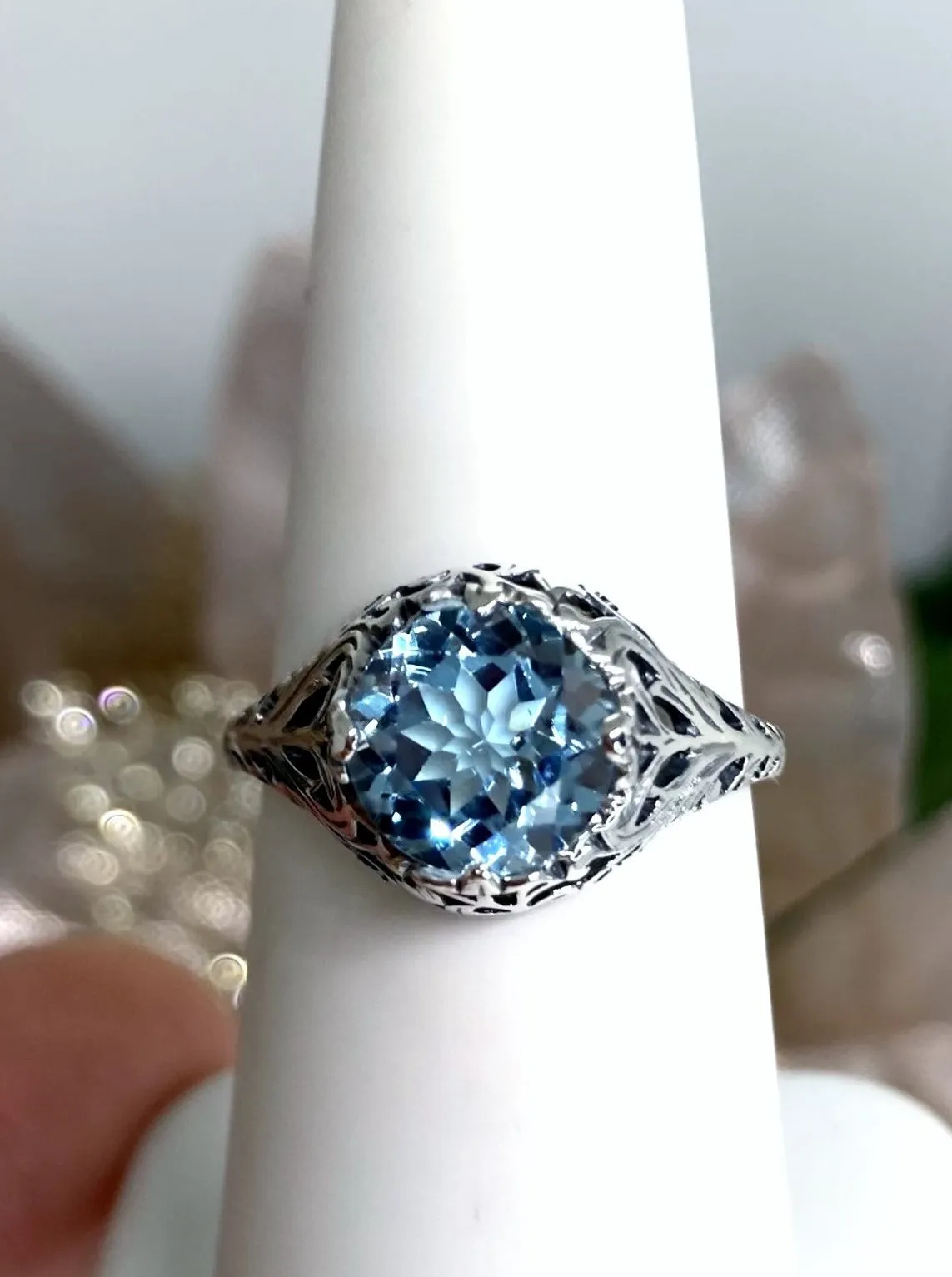 Natural Sky Blue Topaz Ring, Victorian Jewelry #D198
