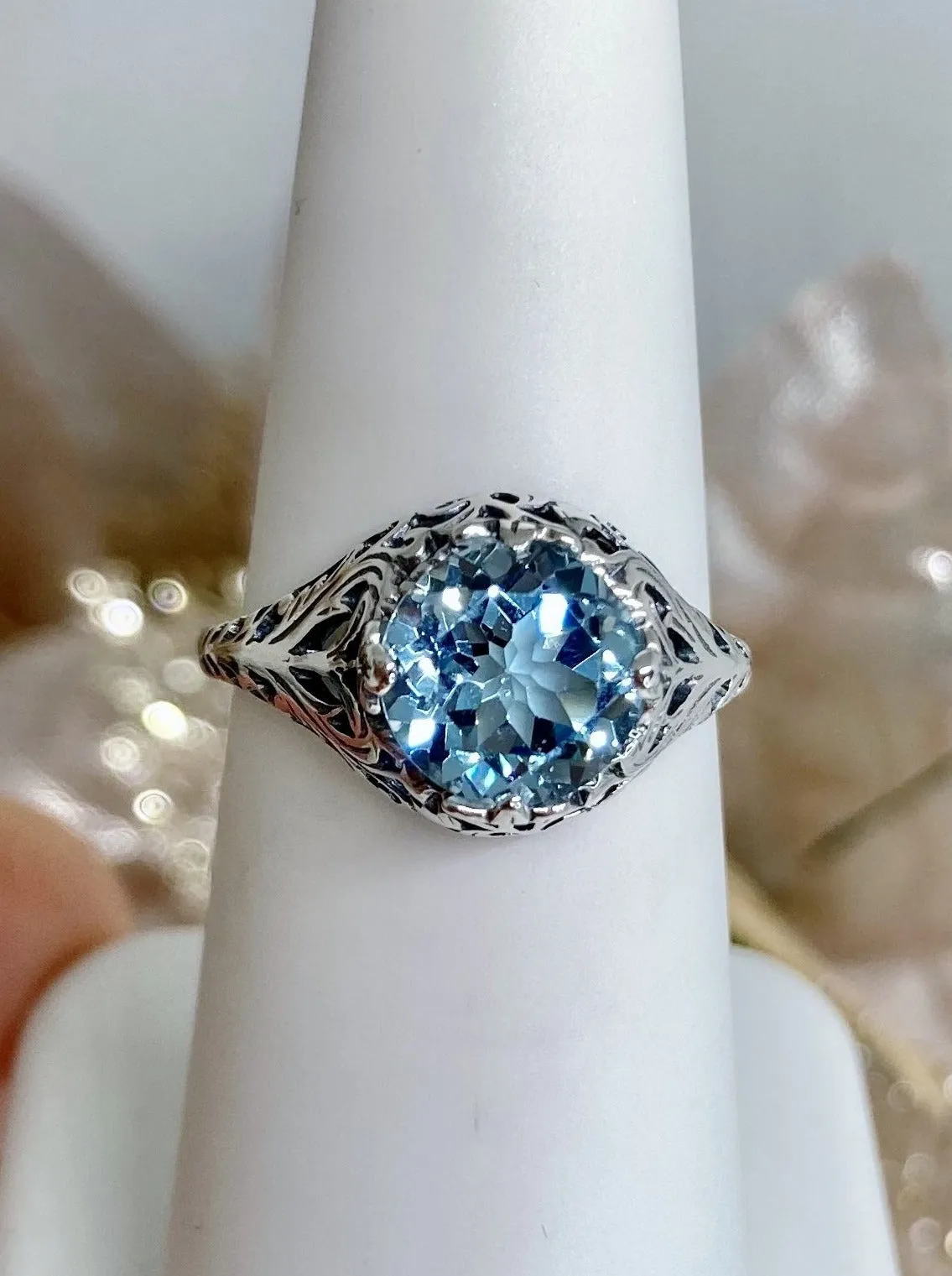 Natural Sky Blue Topaz Ring, Victorian Jewelry #D198