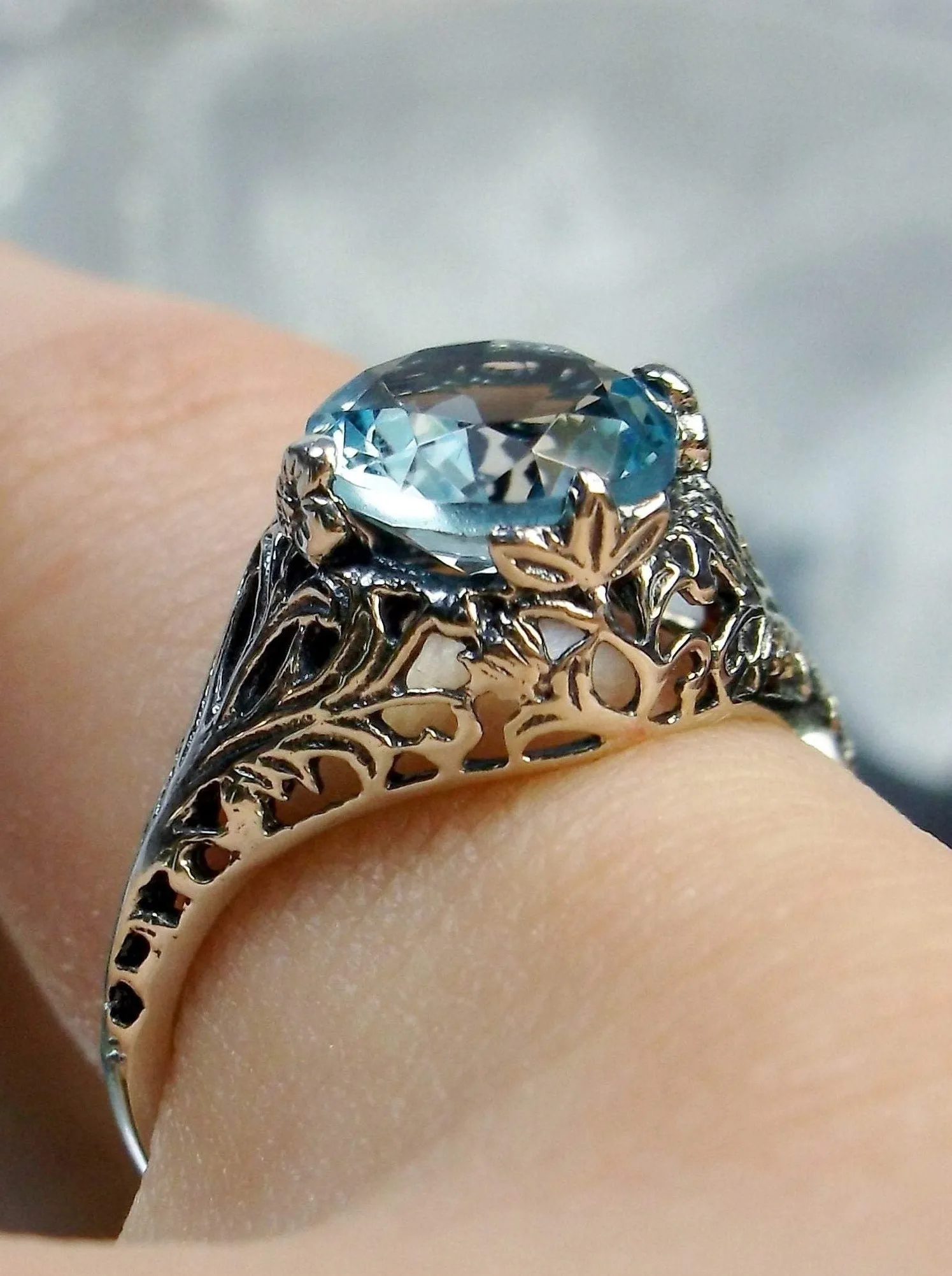 Natural Sky Blue Topaz Ring, Victorian Jewelry #D198