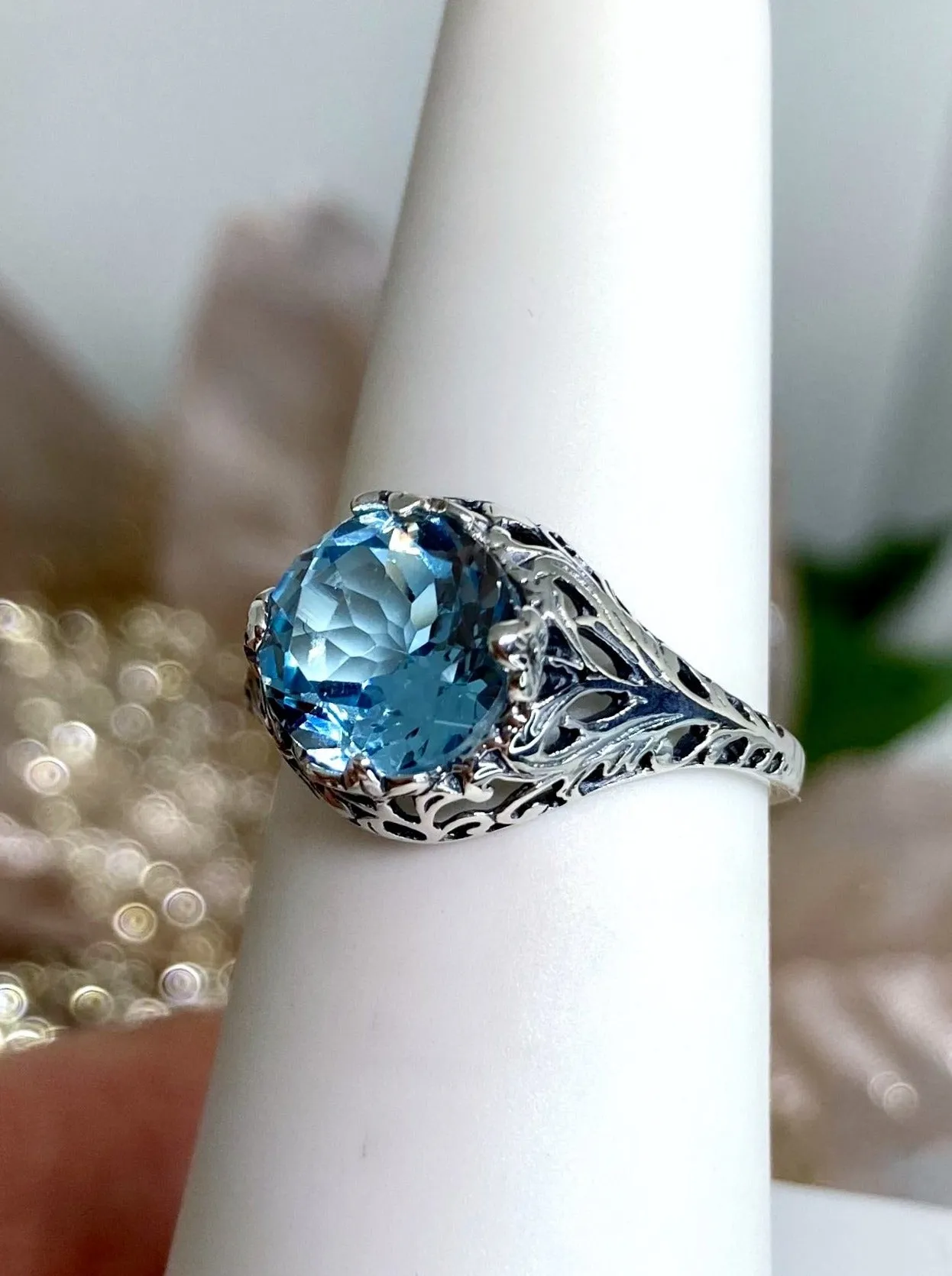 Natural Sky Blue Topaz Ring, Victorian Jewelry #D198