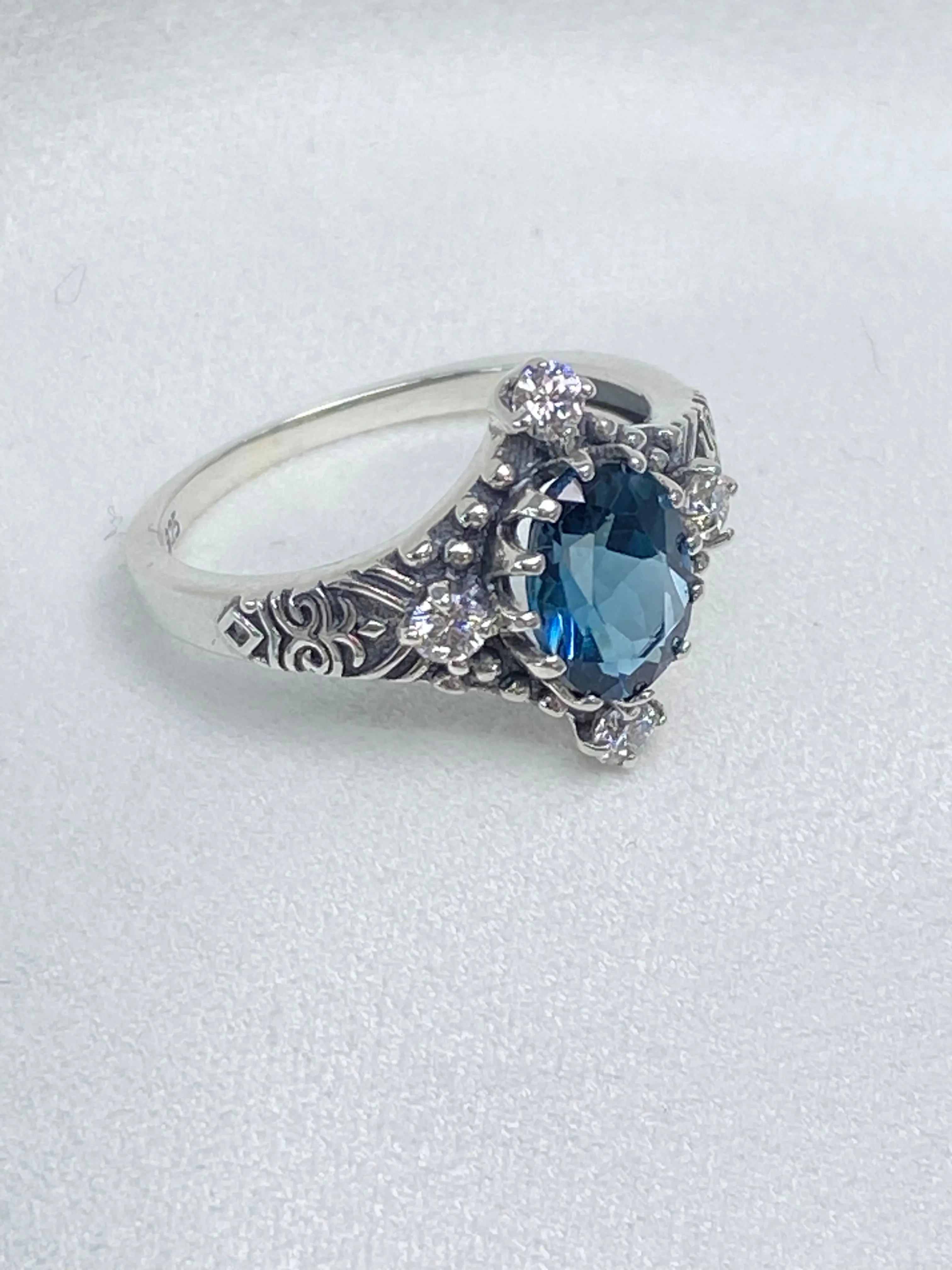 Natural Swiss Blue Topaz Ring, Moissanite Accents, Victorian Filigree Jewelry #D24
