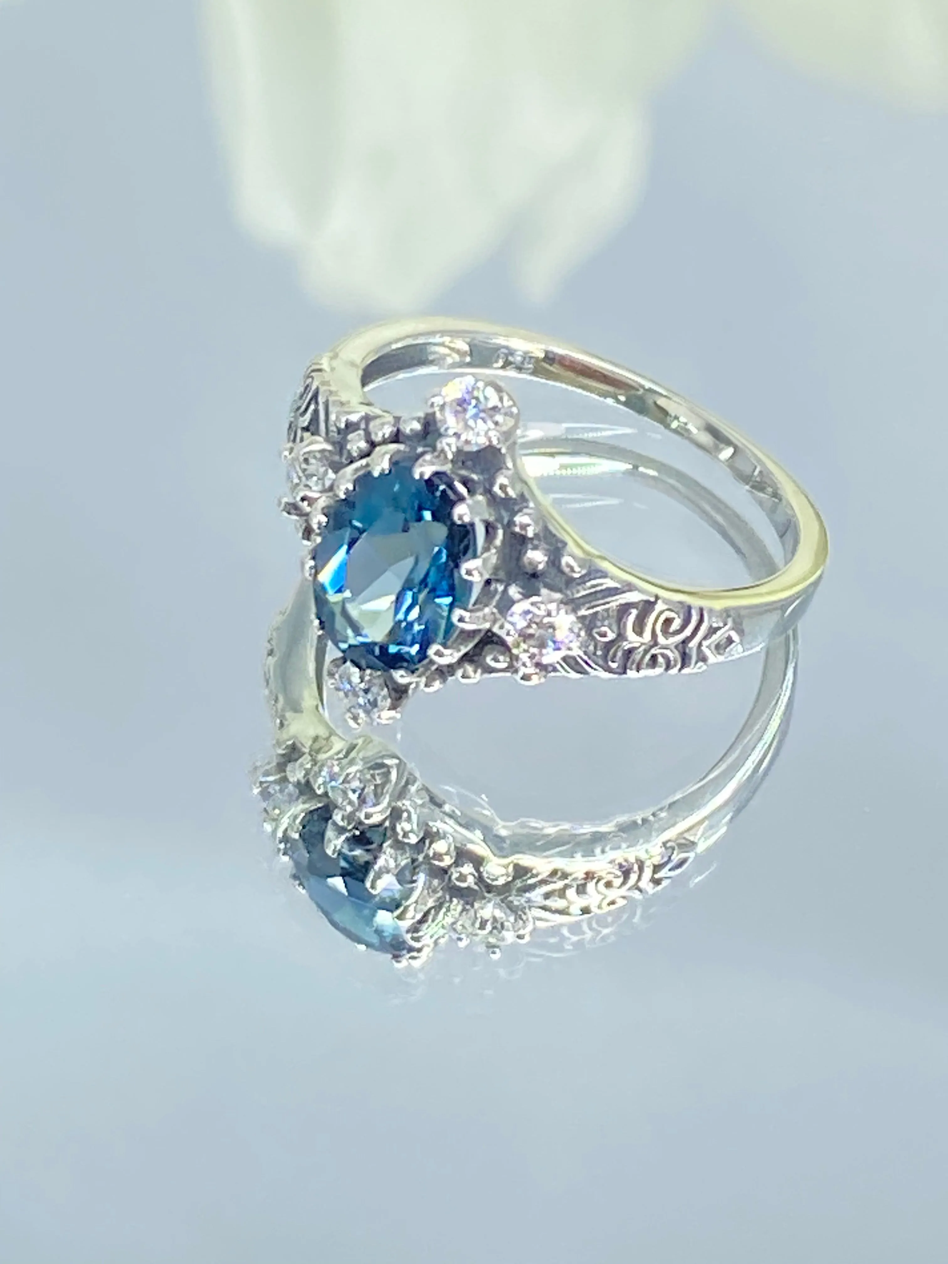 Natural Swiss Blue Topaz Ring, Moissanite Accents, Victorian Filigree Jewelry #D24
