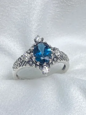 Natural Swiss Blue Topaz Ring, Moissanite Accents, Victorian Filigree Jewelry #D24