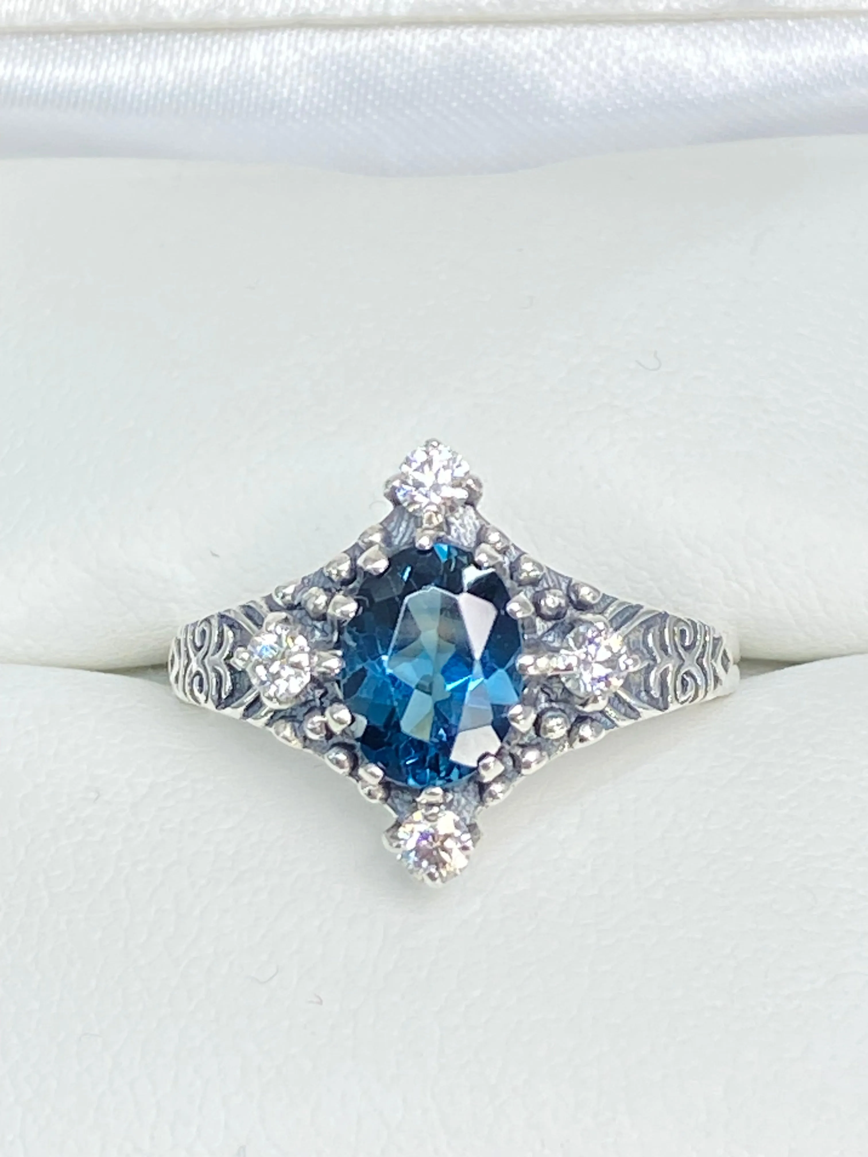 Natural Swiss Blue Topaz Ring, Moissanite Accents, Victorian Filigree Jewelry #D24
