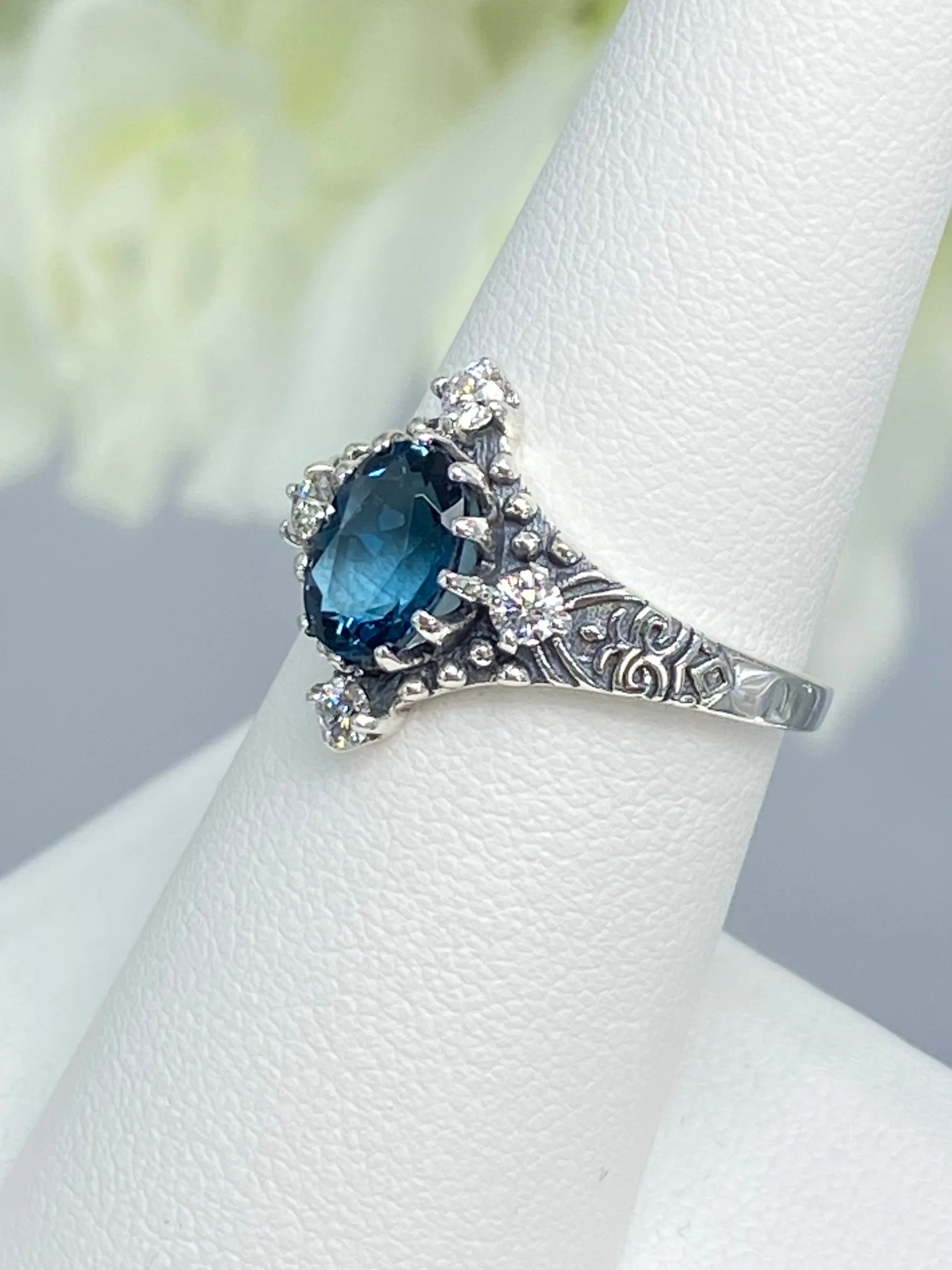 Natural Swiss Blue Topaz Ring, Moissanite Accents, Victorian Filigree Jewelry #D24