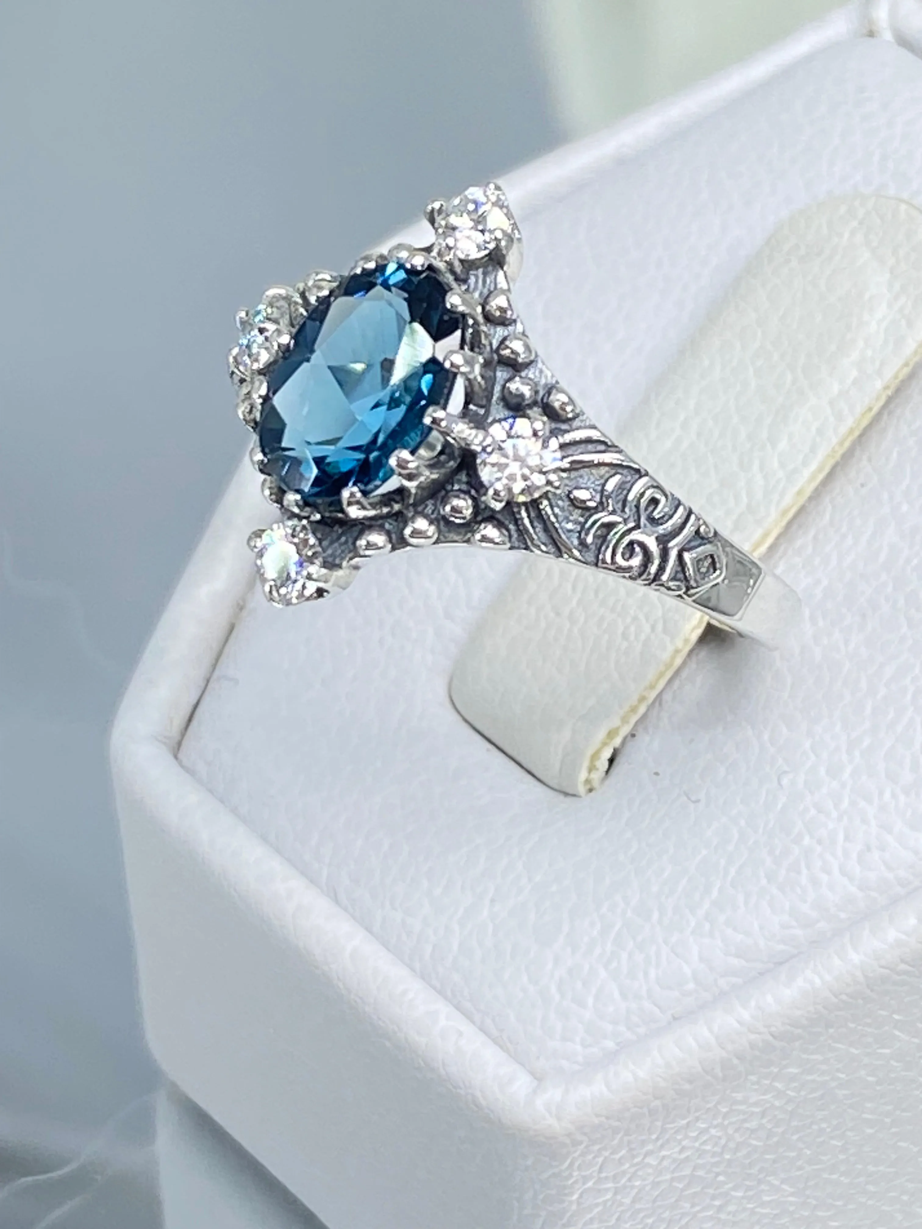 Natural Swiss Blue Topaz Ring, Moissanite Accents, Victorian Filigree Jewelry #D24