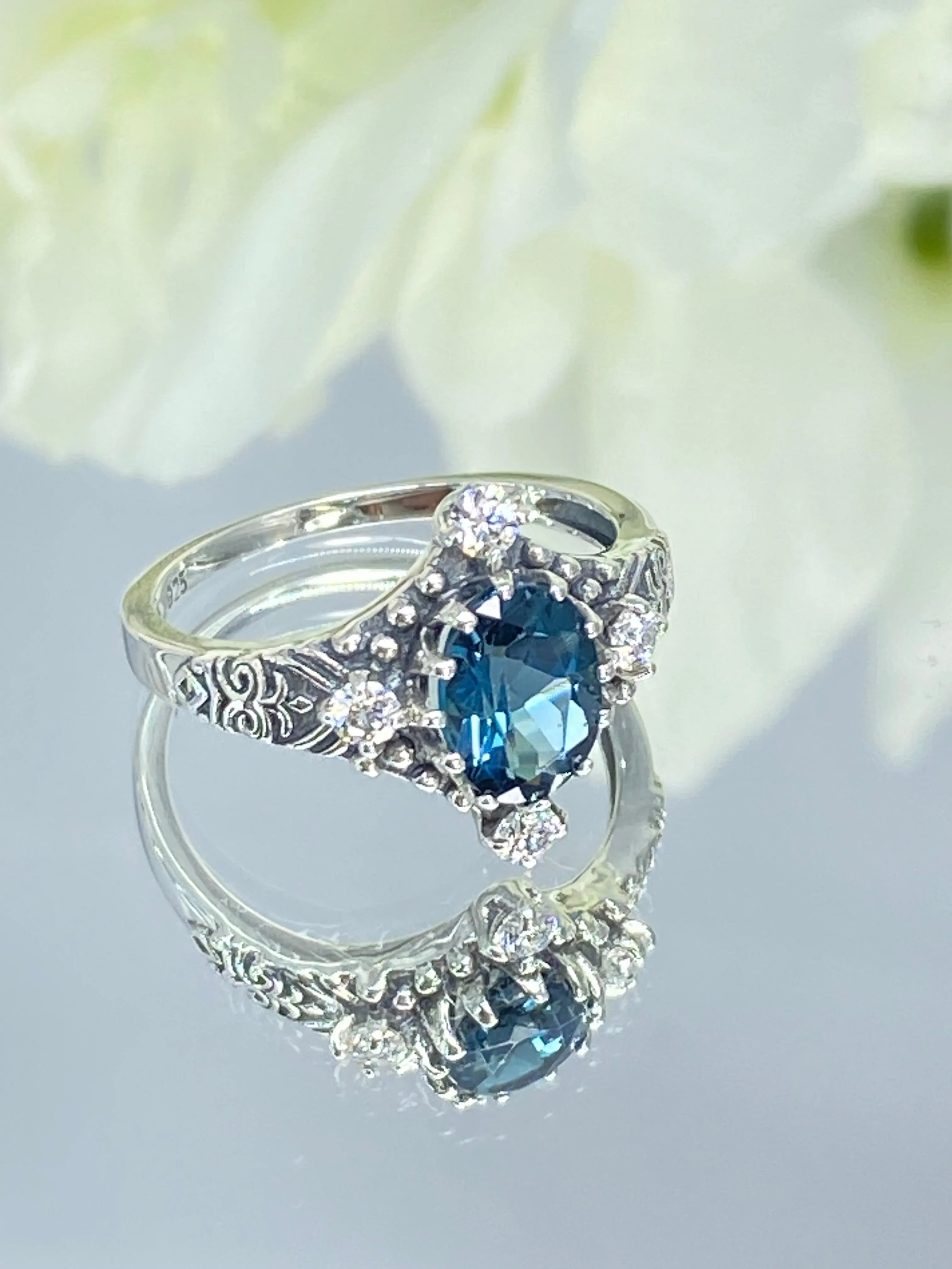 Natural Swiss Blue Topaz Ring, Moissanite Accents, Victorian Filigree Jewelry #D24