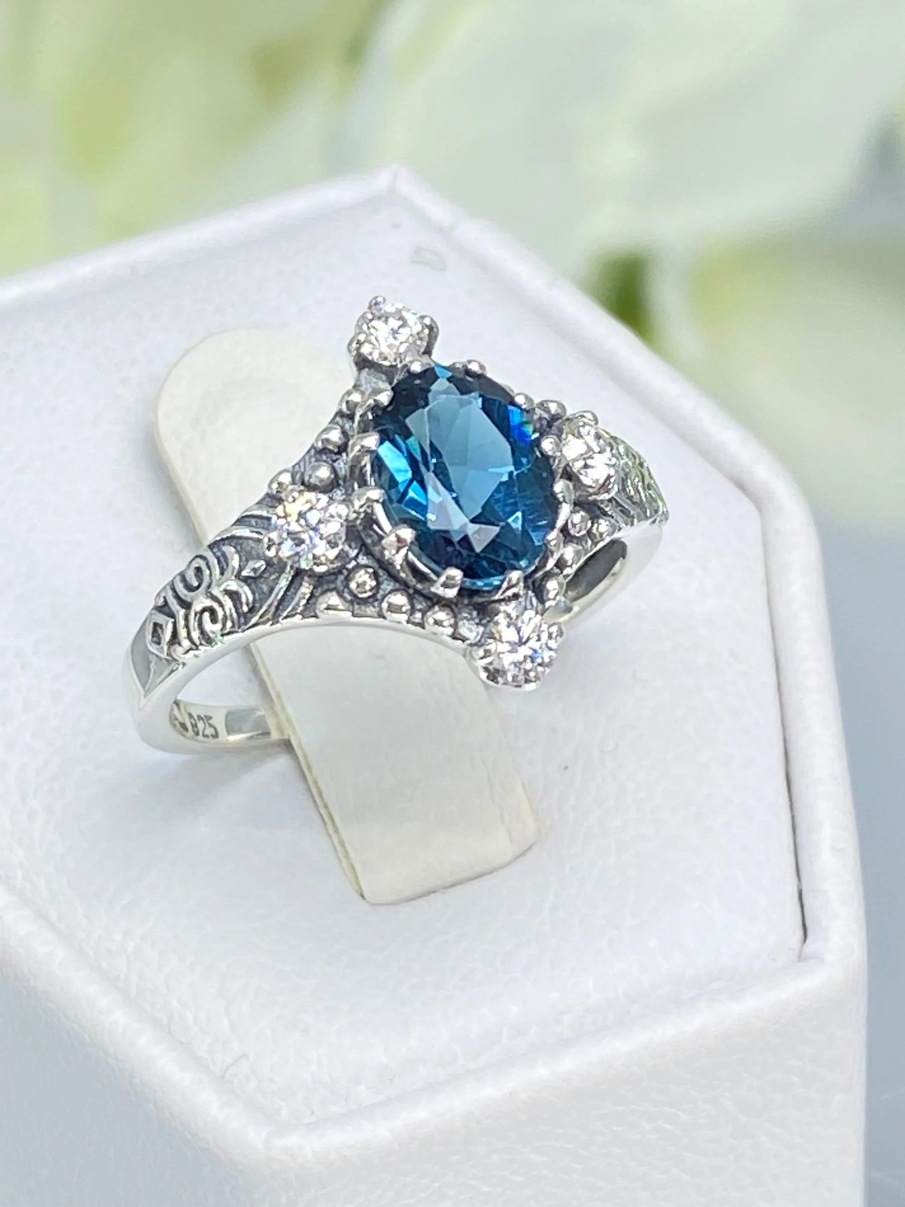 Natural Swiss Blue Topaz Ring, Moissanite Accents, Victorian Filigree Jewelry #D24