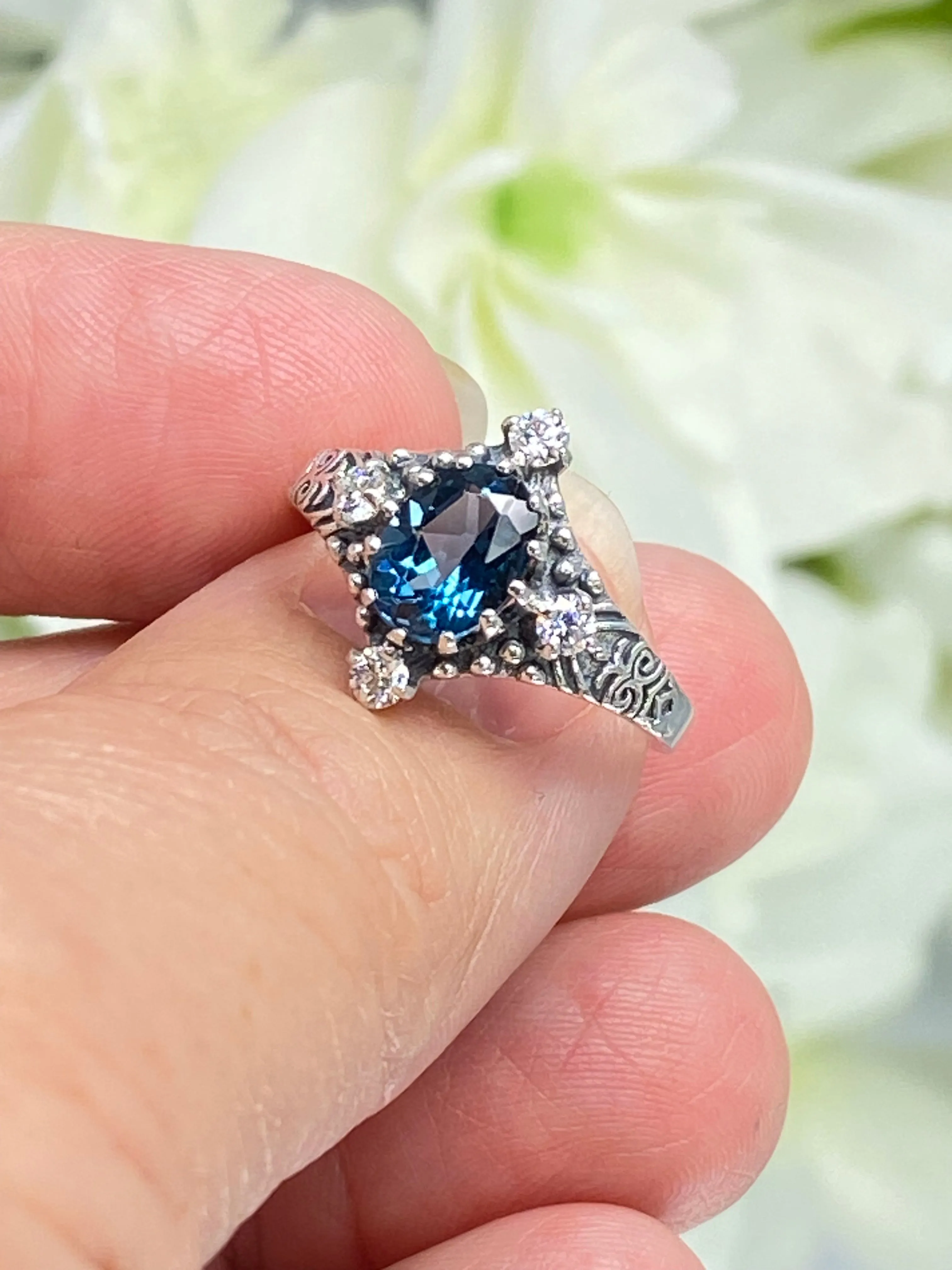 Natural Swiss Blue Topaz Ring, Moissanite Accents, Victorian Filigree Jewelry #D24