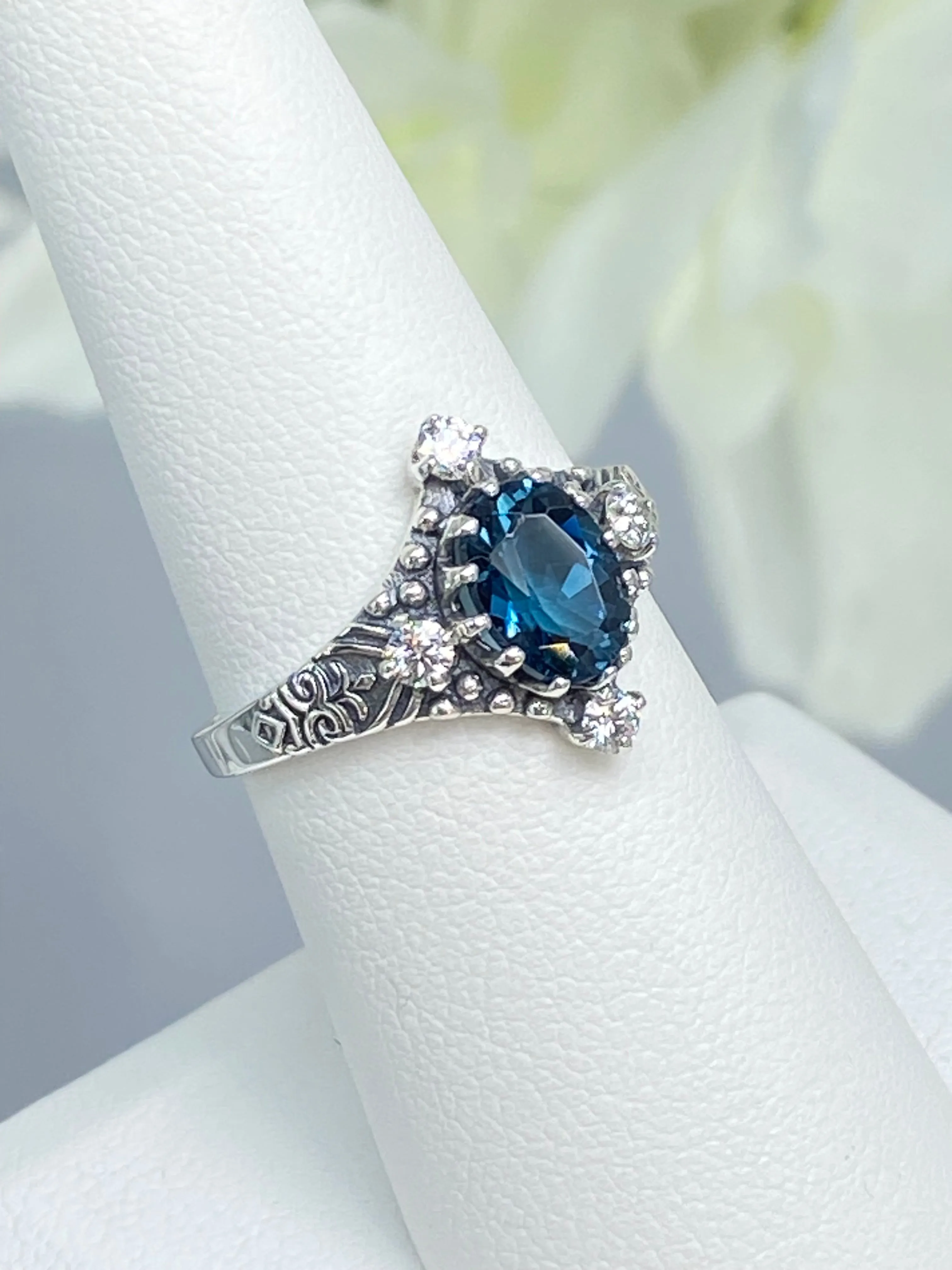 Natural Swiss Blue Topaz Ring, Moissanite Accents, Victorian Filigree Jewelry #D24