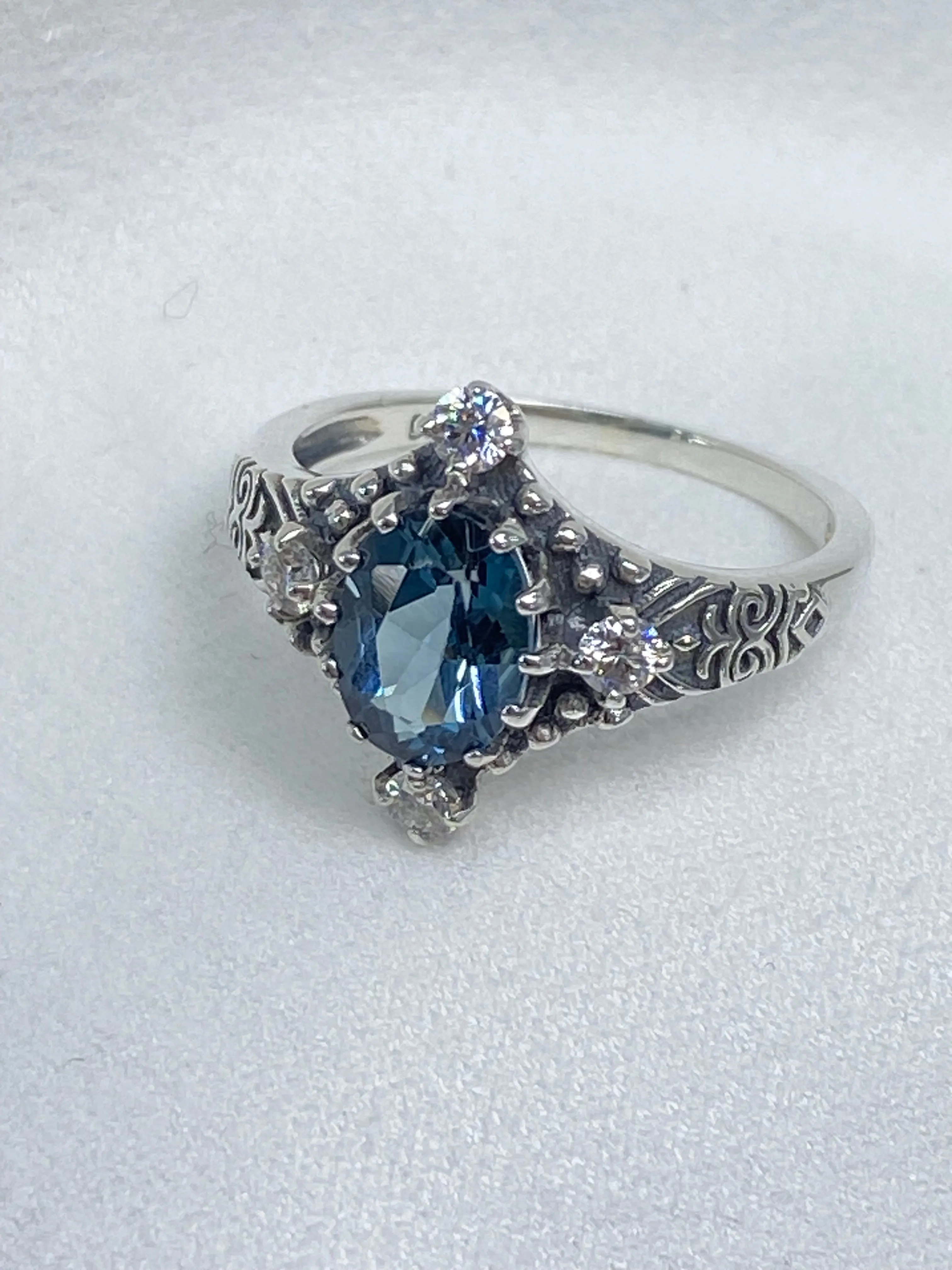 Natural Swiss Blue Topaz Ring, Moissanite Accents, Victorian Filigree Jewelry #D24