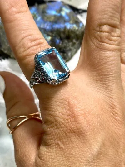 Natural Topaz Art Nouveau Ring, Sky Blue Topaz Gemstone, Vintage Style Jewelry, Design#D64